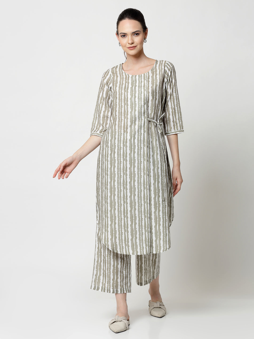 Olive & White Stripe Plazzo for Females-3