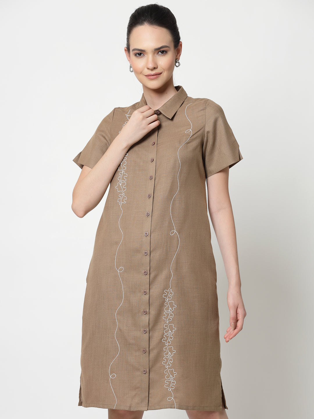 Dark Beige Long Tunic for Women Workwear-5
