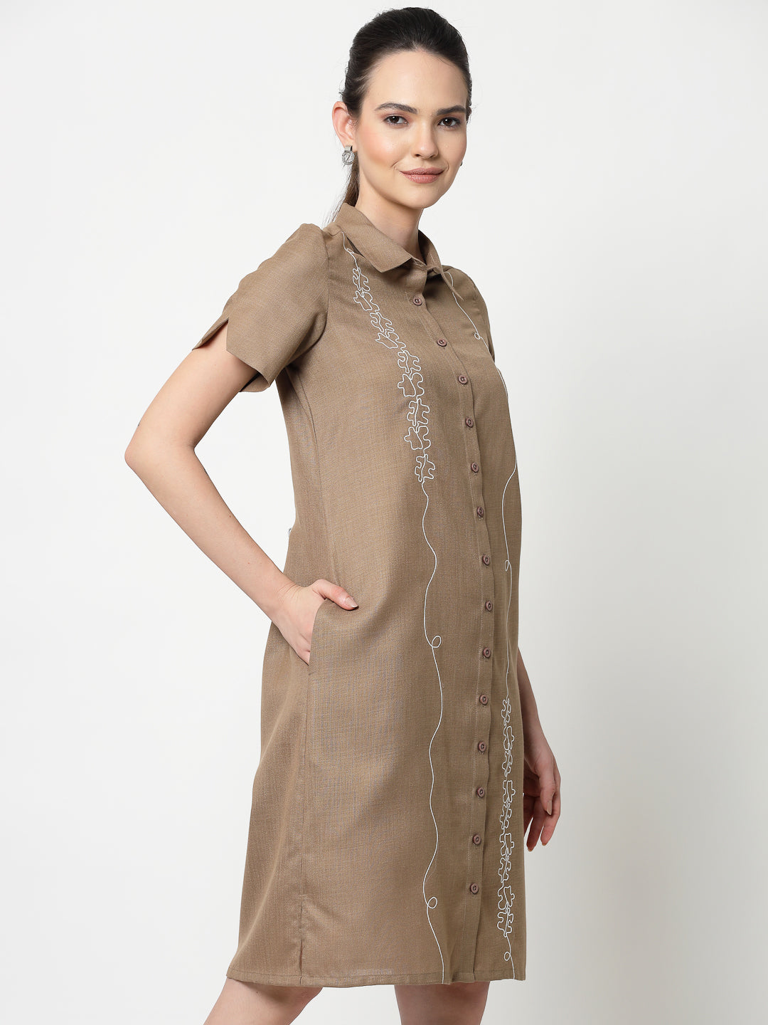 Dark Beige Long Tunic for Women Workwear-2