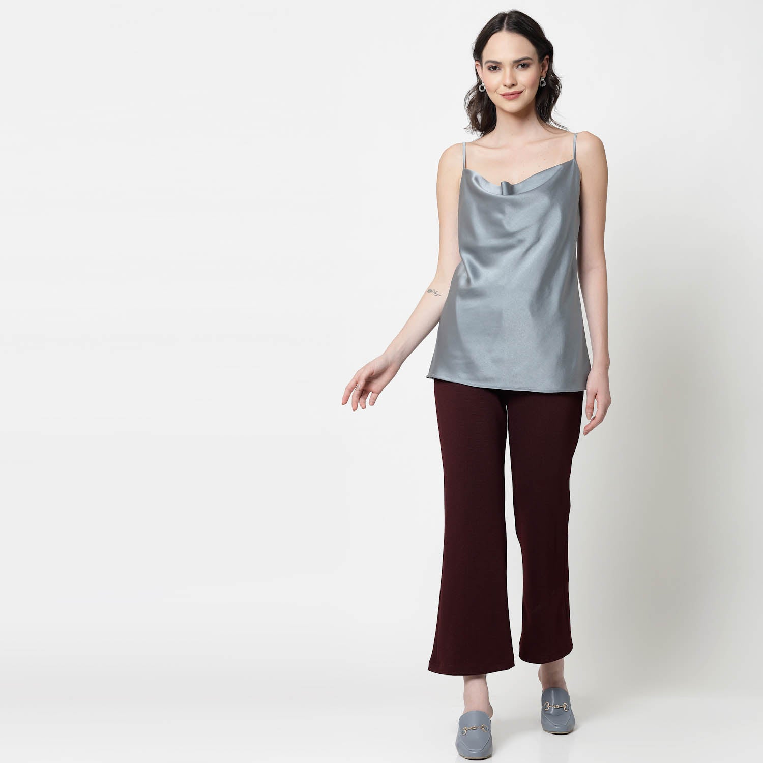 Bluish Grey Satin Cowl Neck Spaghetti