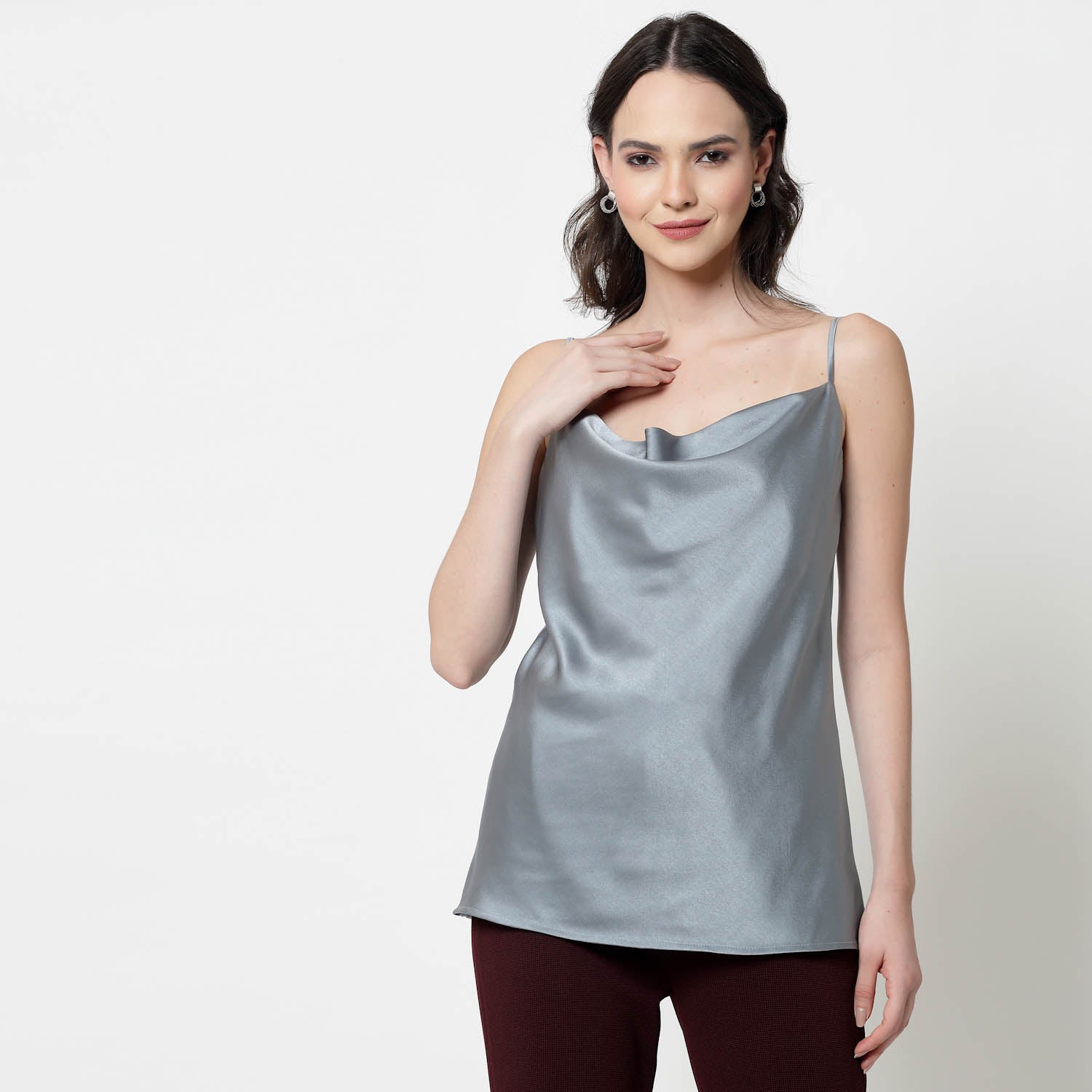 Bluish Grey Satin Cowl Neck Spaghetti