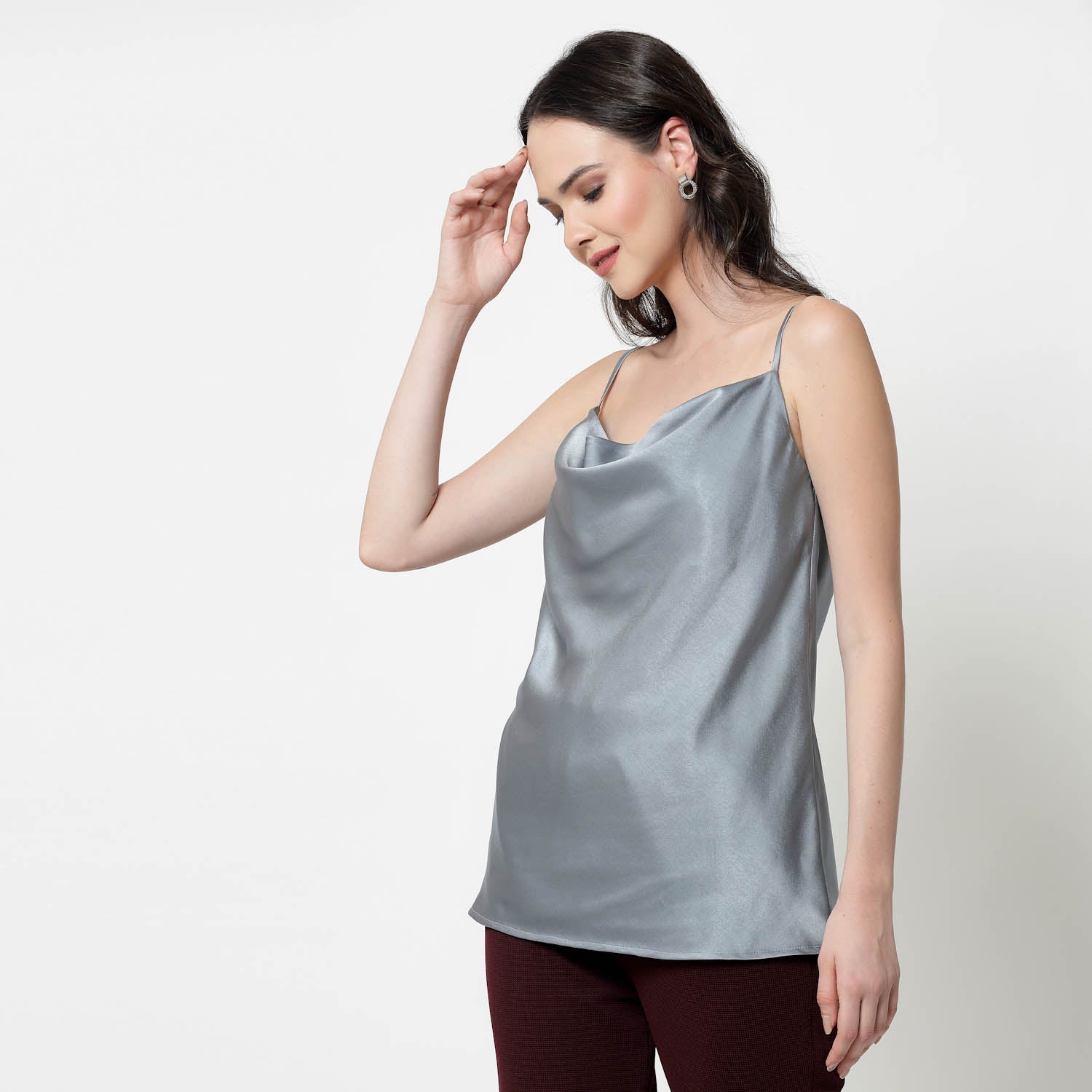 Bluish Grey Satin Cowl Neck Spaghetti