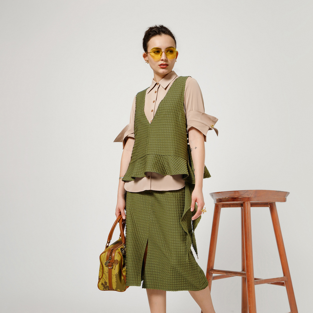 Olive Textured Shrug With Beige Shirt And Dramatic Cufflink