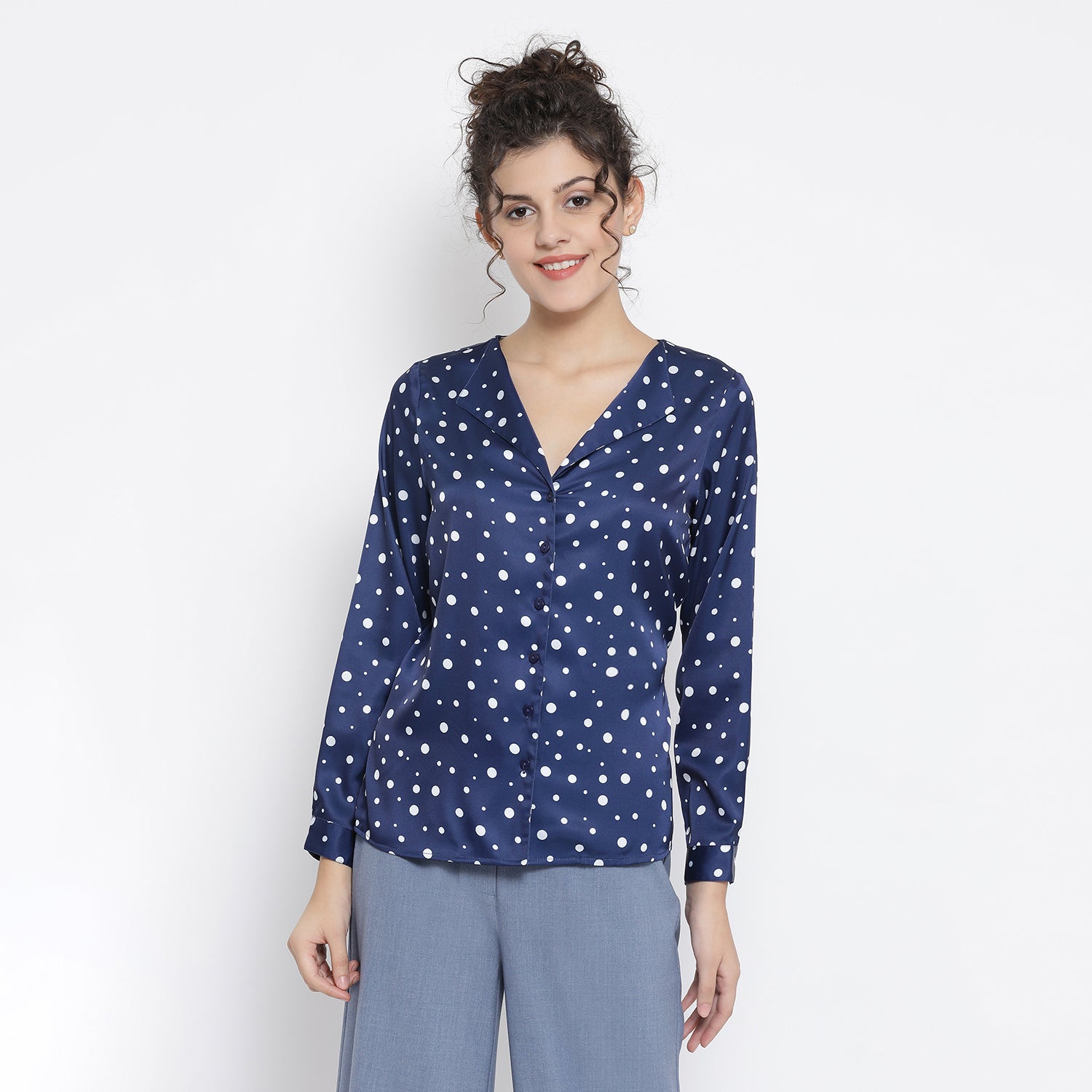 Buy Blue White Silk Polka Top for Women