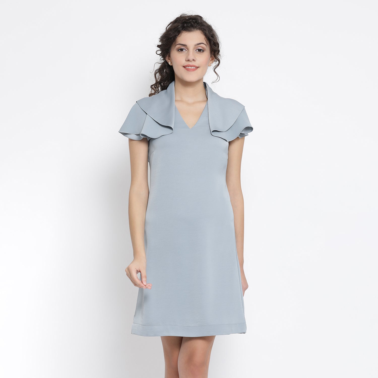 Blue Drape Sleeve Women Dresses for Office Wear-1