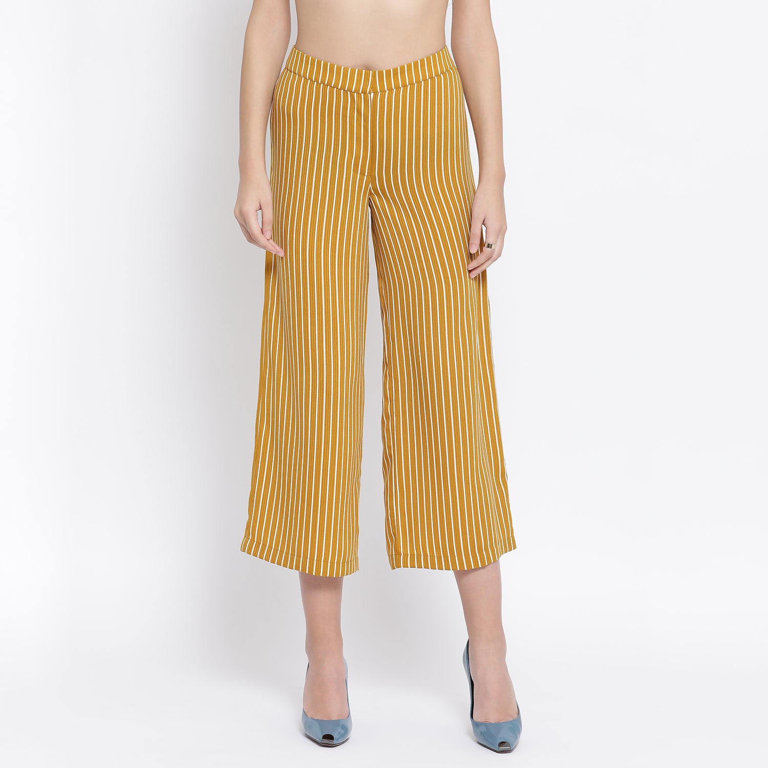 Yellow & White Stripe Crepe Trouser for Women