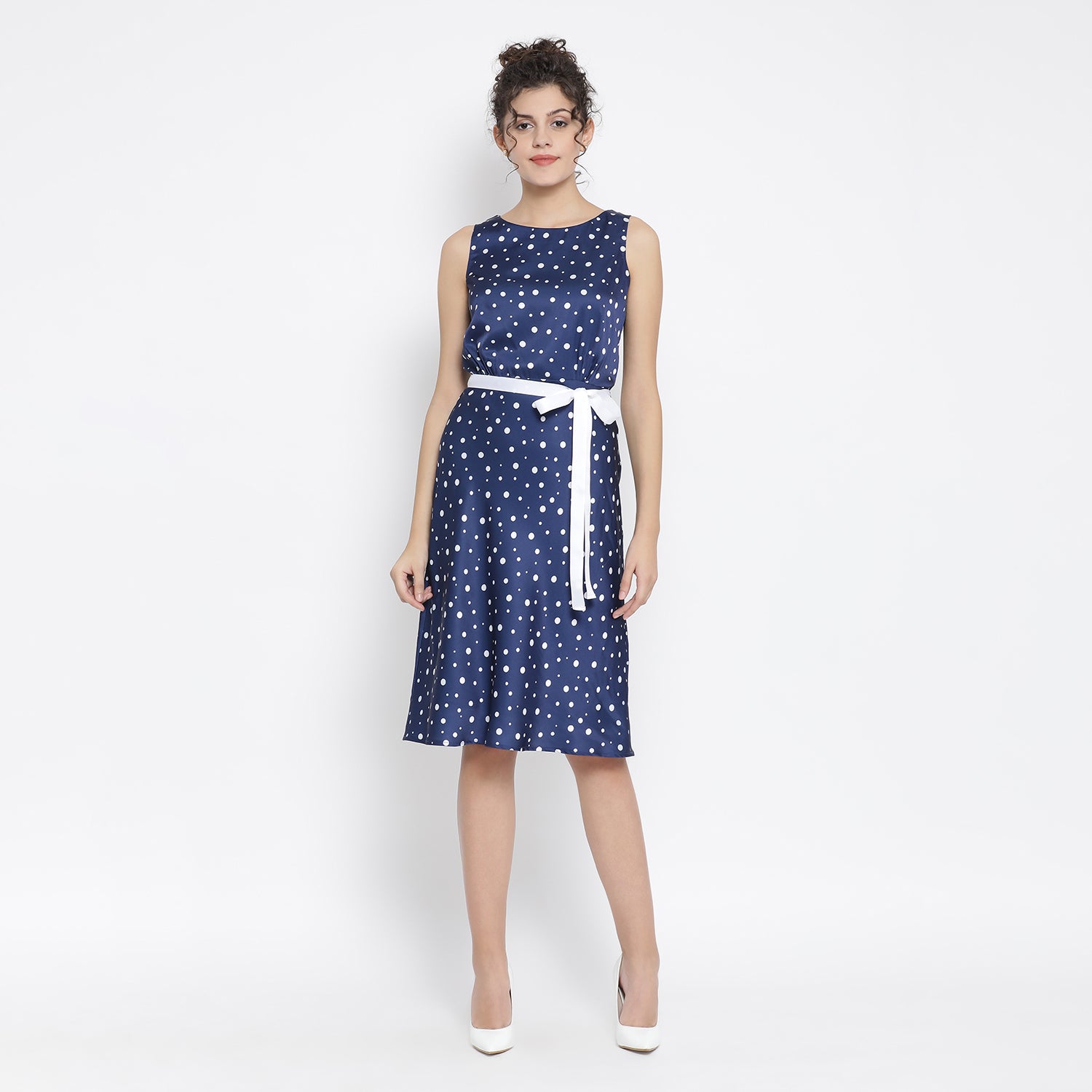 Blue White Silk Polka Sleeveless Dresses for Women