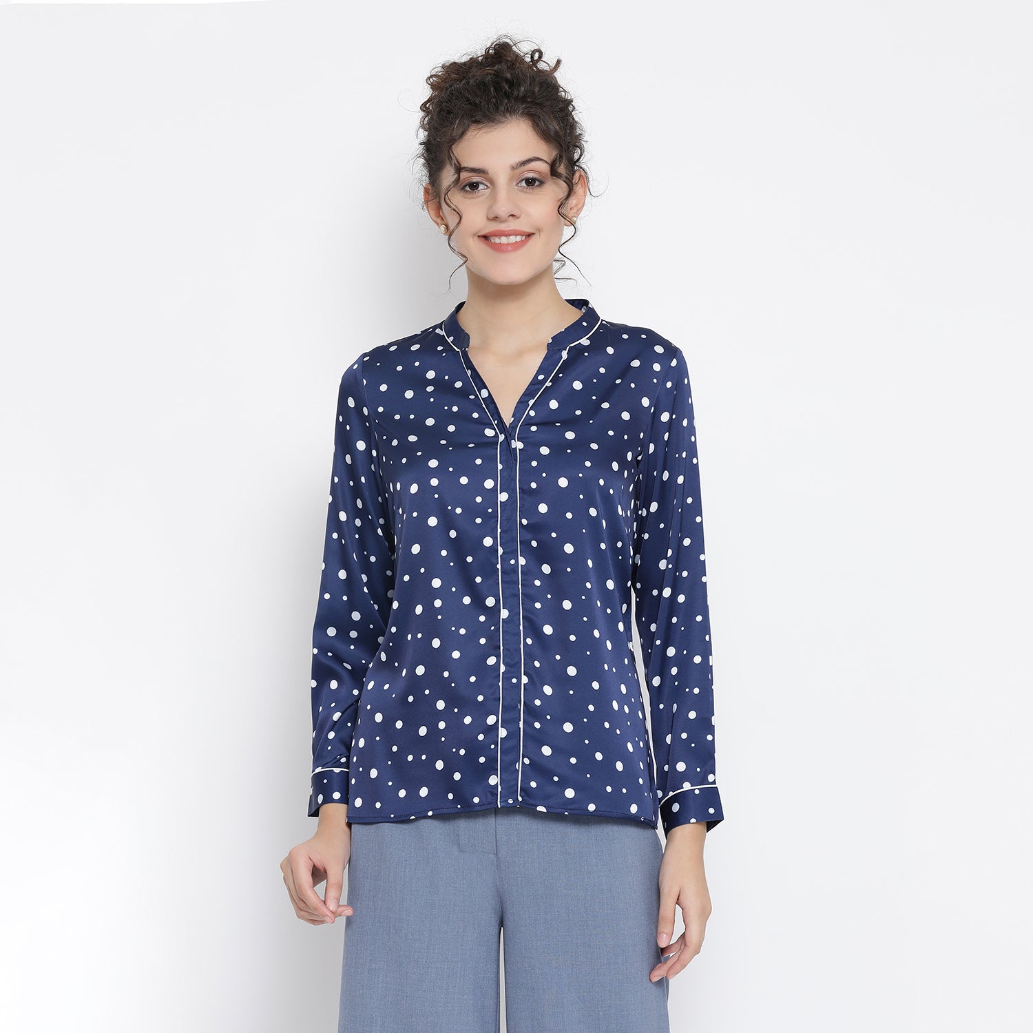Buy Blue White Silk Polka Top for Women