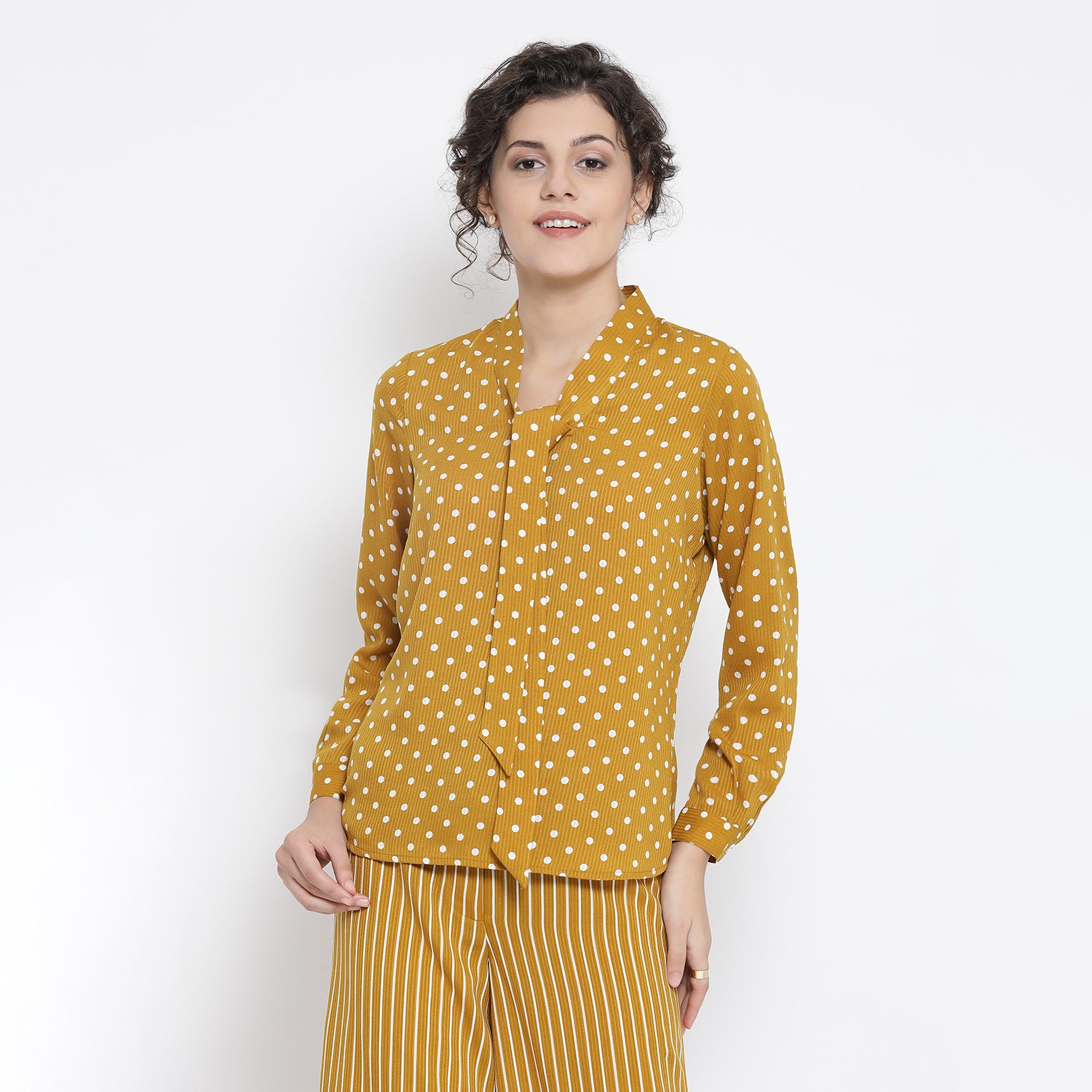 Yellow And White Polka Top for Women