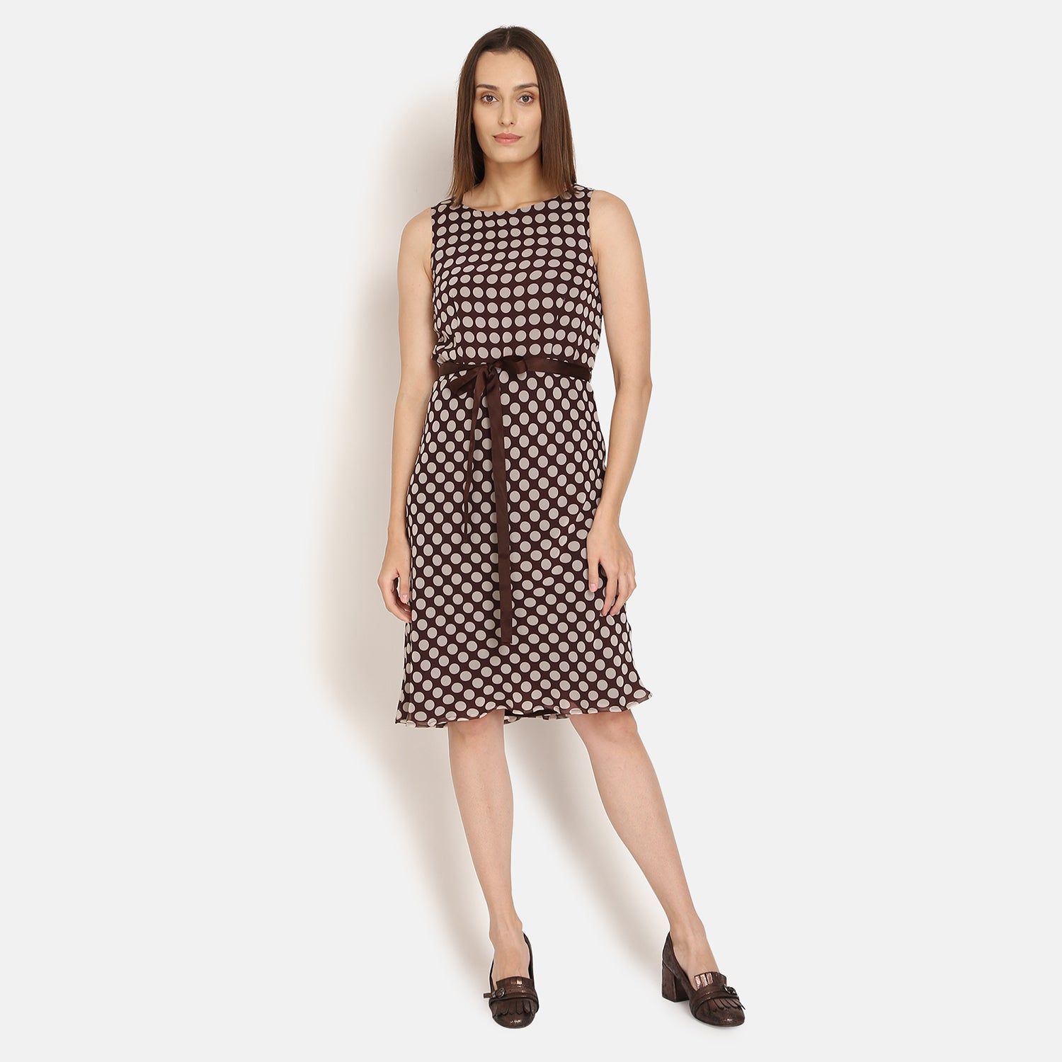 Brown Polka Dot Sleeveless Dress With Brown Belt