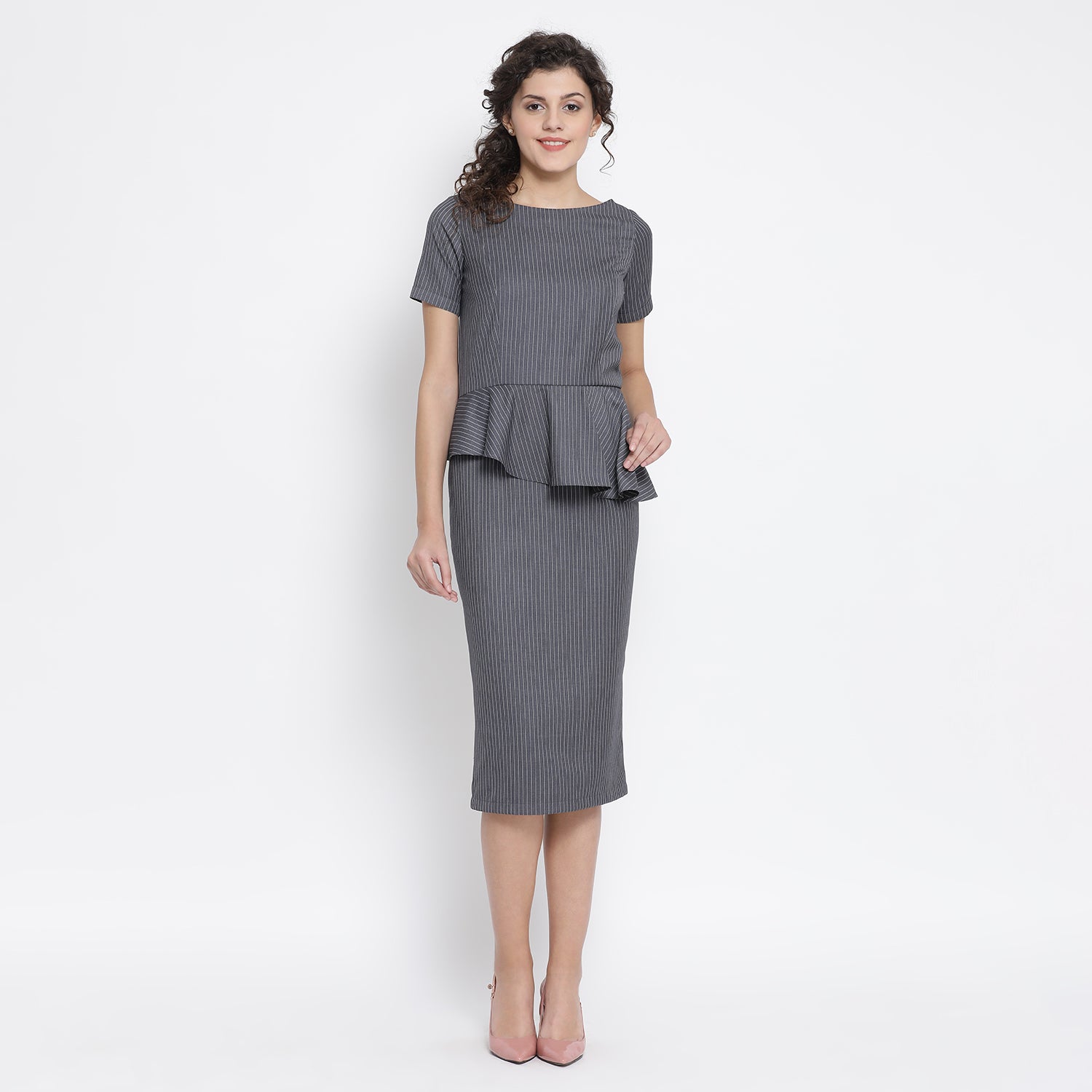 Grey Stripe Peplum Long Office Wear Dresses for Women