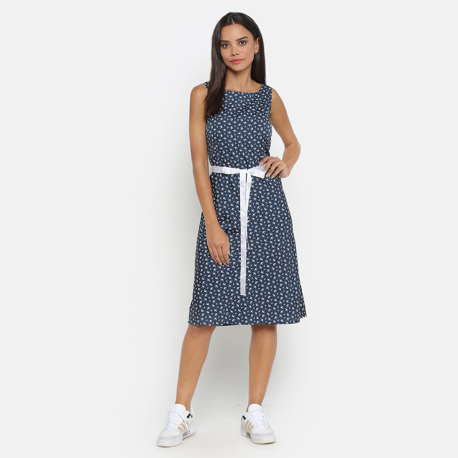 Blue Bird Printed Sleeveless Dress With White Belt