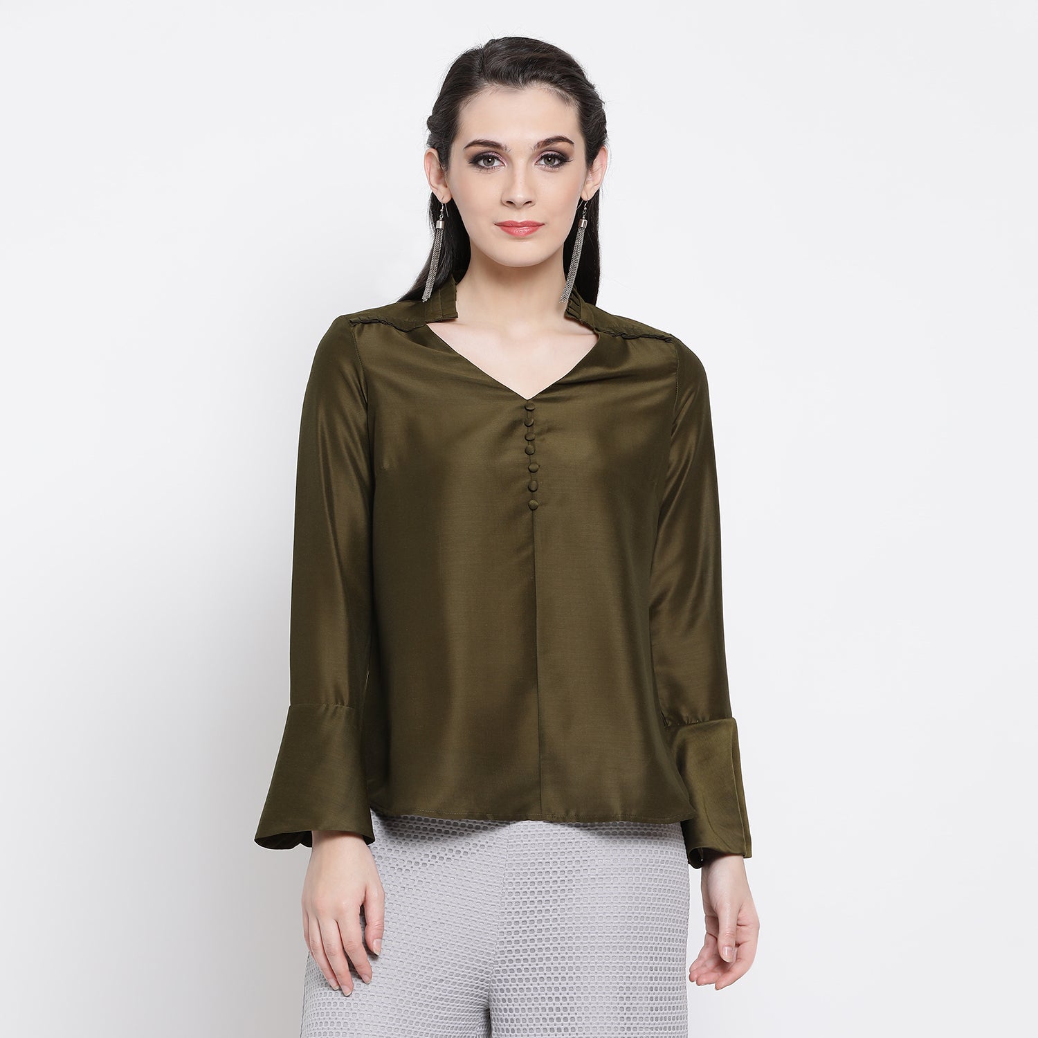 Women's Olive Shirt Collar Top