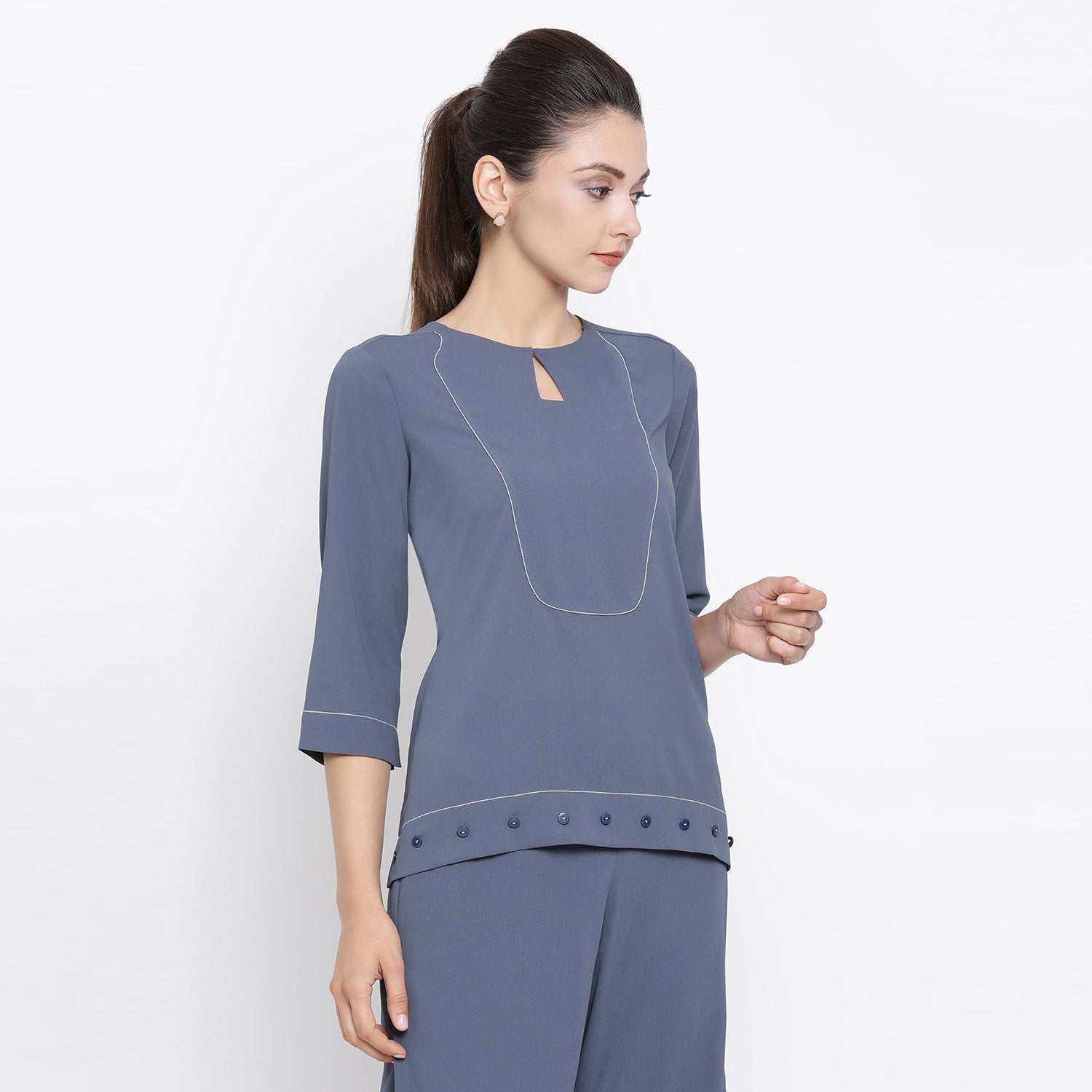 Stone Blue Crepe Office Wear Tops for Ladies-1