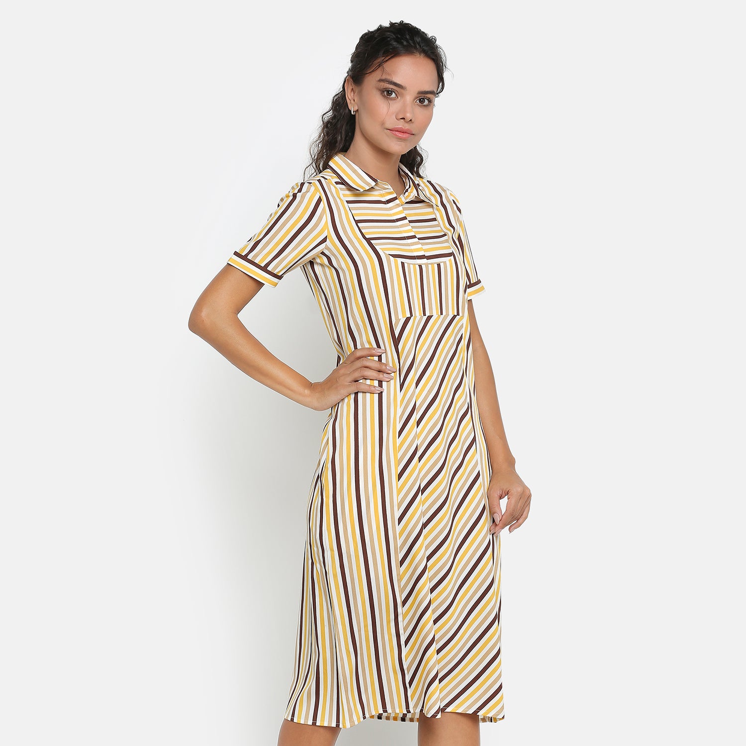 Yellow & Brown Stripe Short Dresses for Women-4
