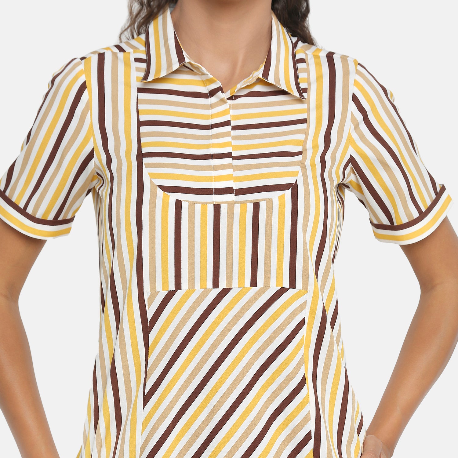 Yellow & Brown Stripe Short Dresses for Women-5