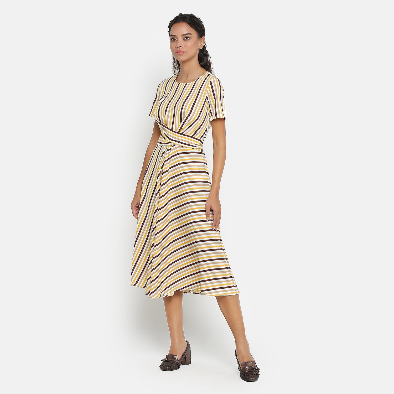 Yellow & Brown Stripe Dresses for Women-3