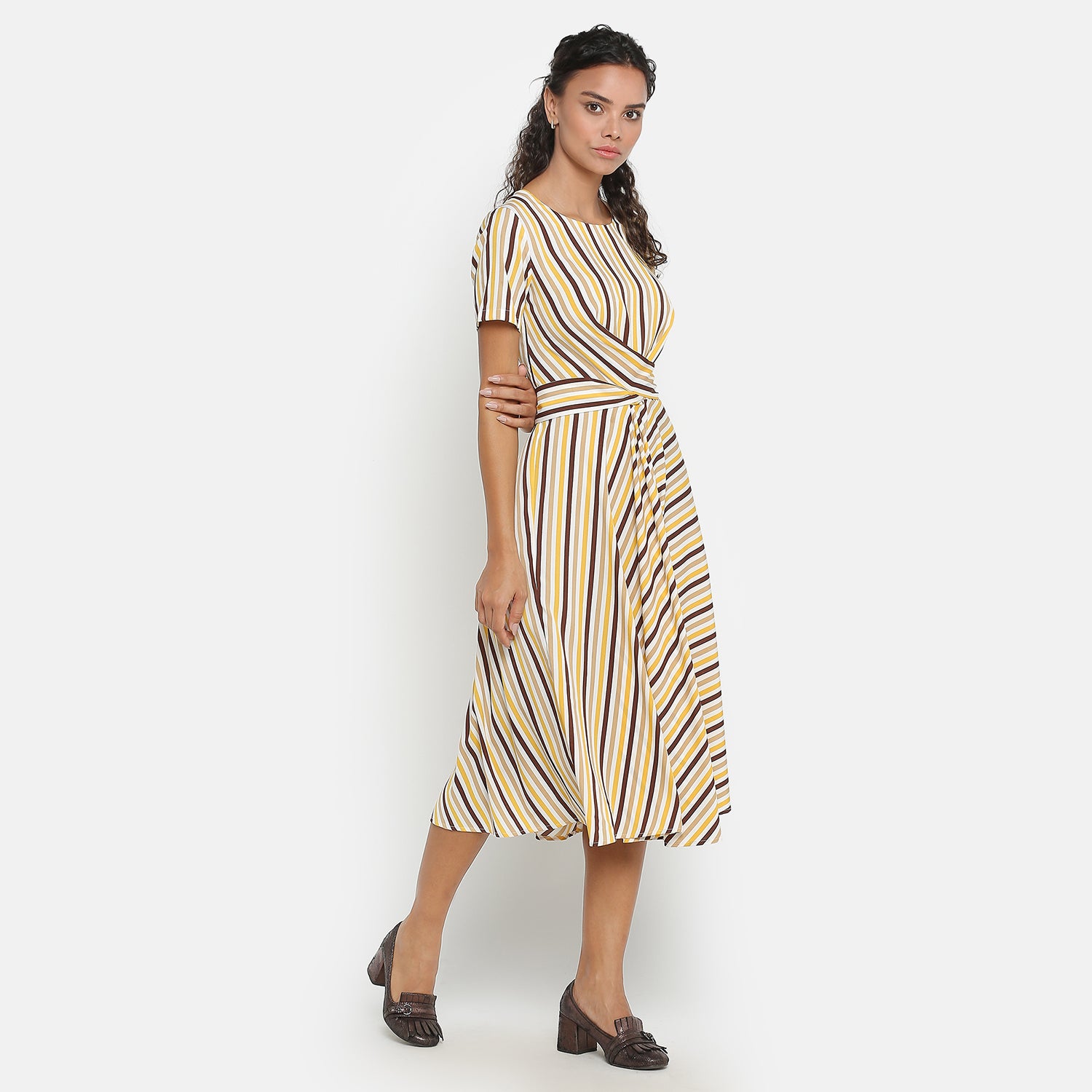 Yellow & Brown Stripe Dresses for Women-4
