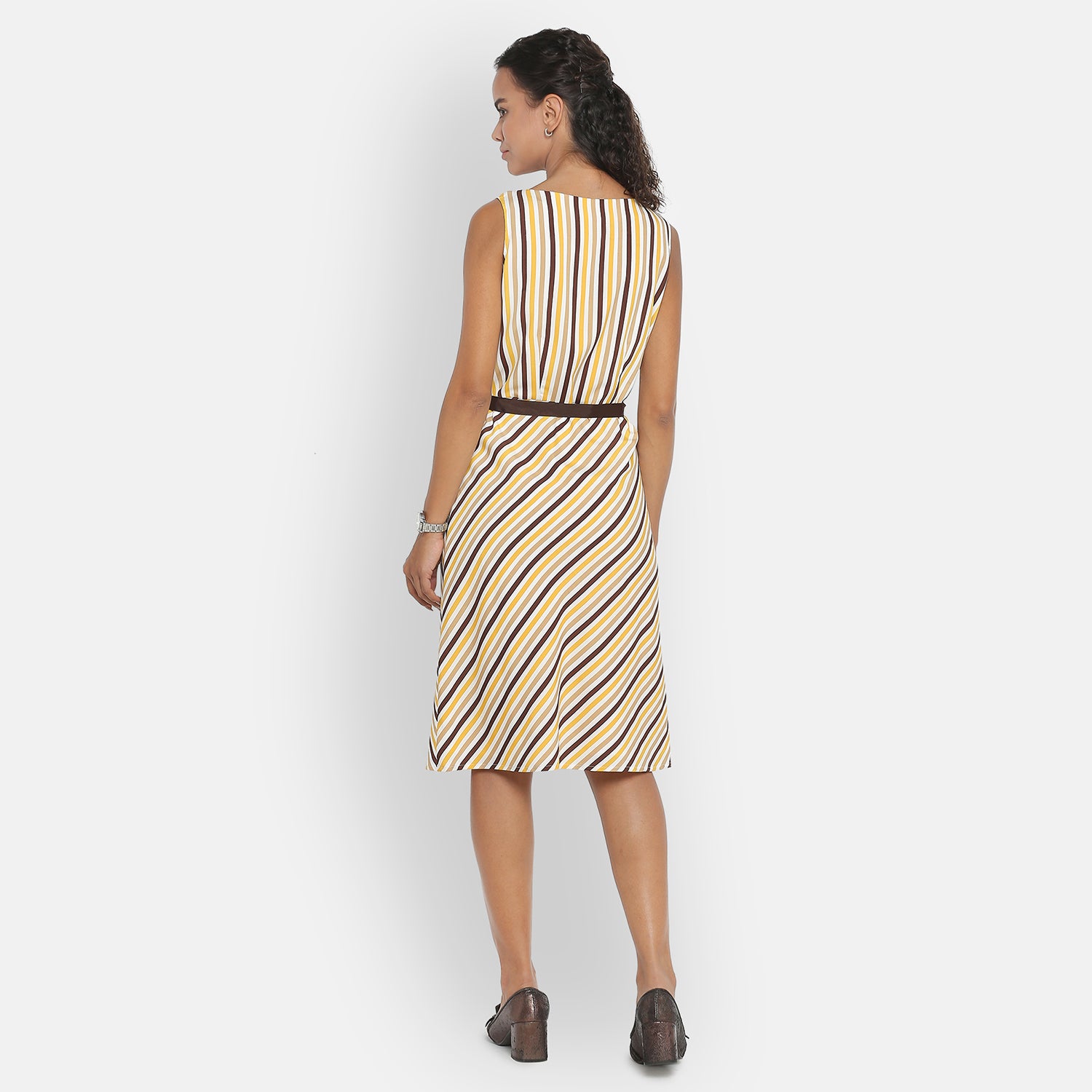 Yellow Stripe Sleeveless Dress With Brown Belt