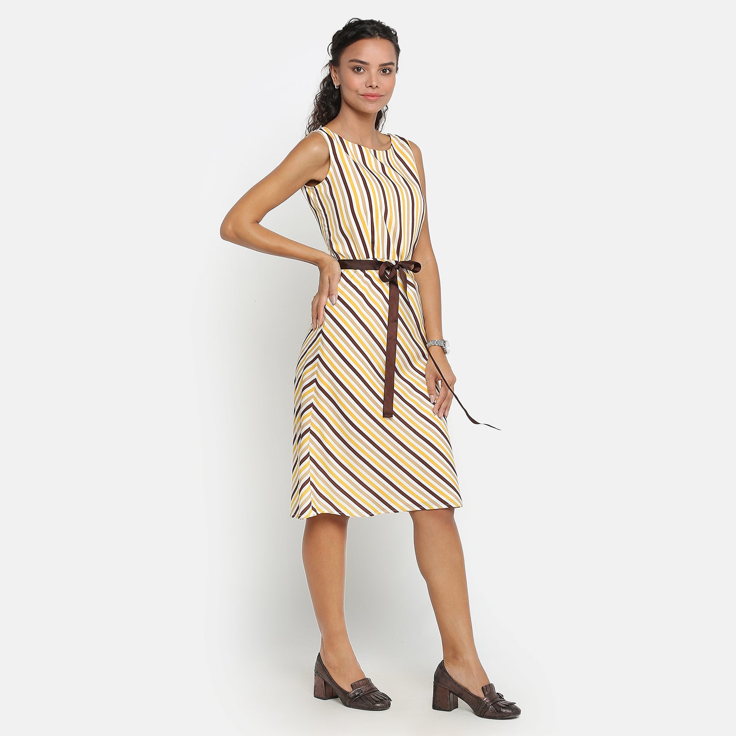 Yellow Stripe Sleeveless Dress With Brown Belt