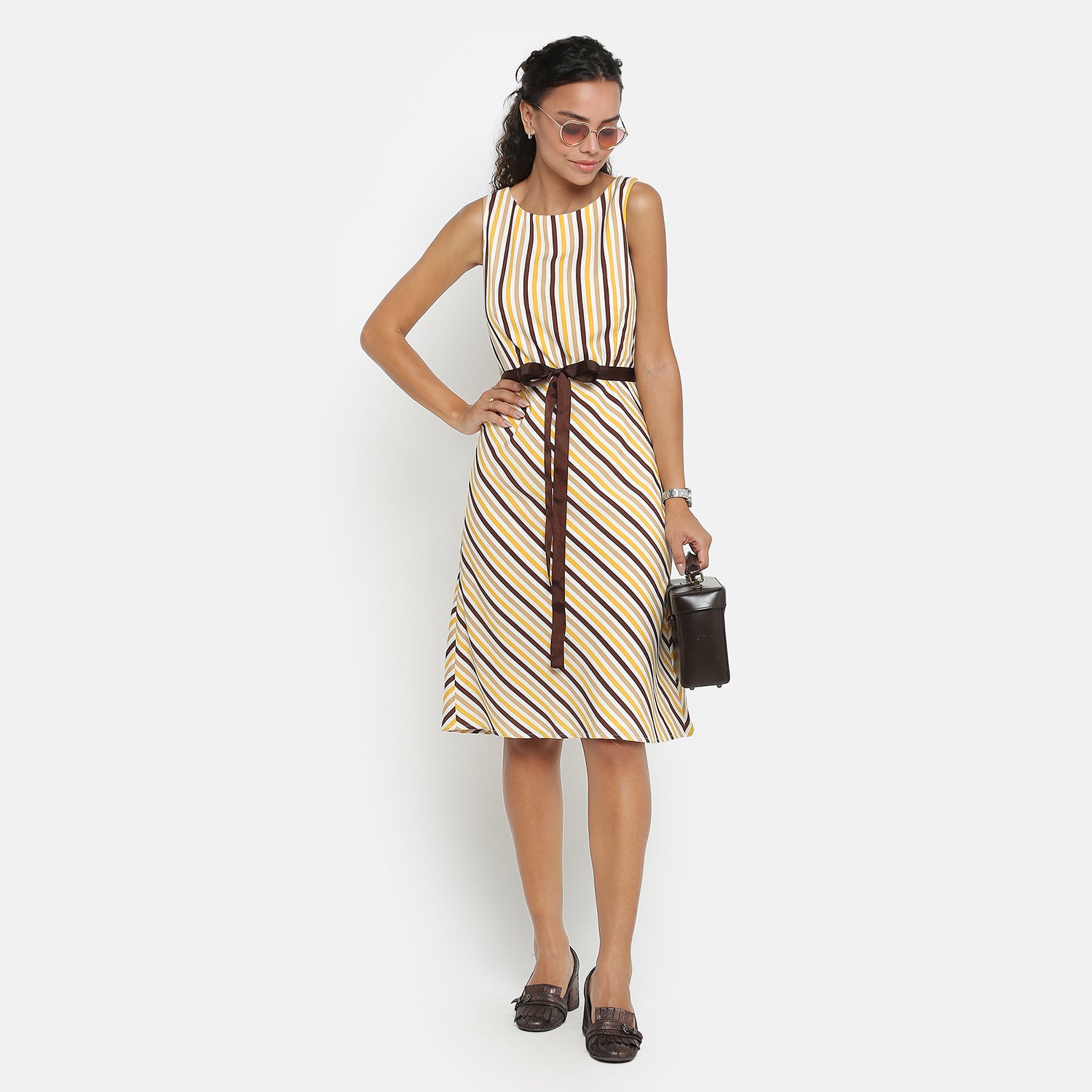 Yellow Stripe Sleeveless Dress With Brown Belt