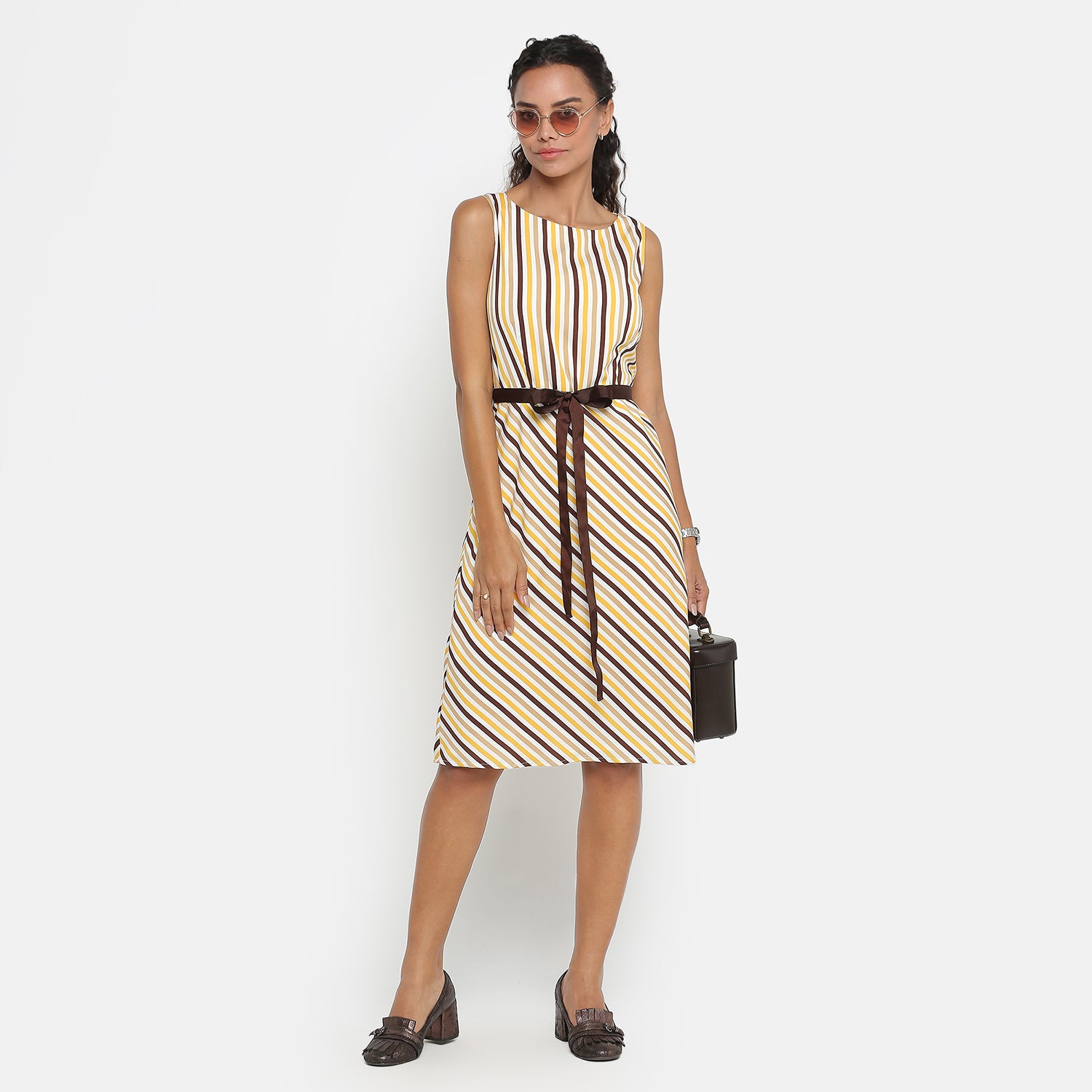Yellow Stripe Sleeveless Dress With Brown Belt
