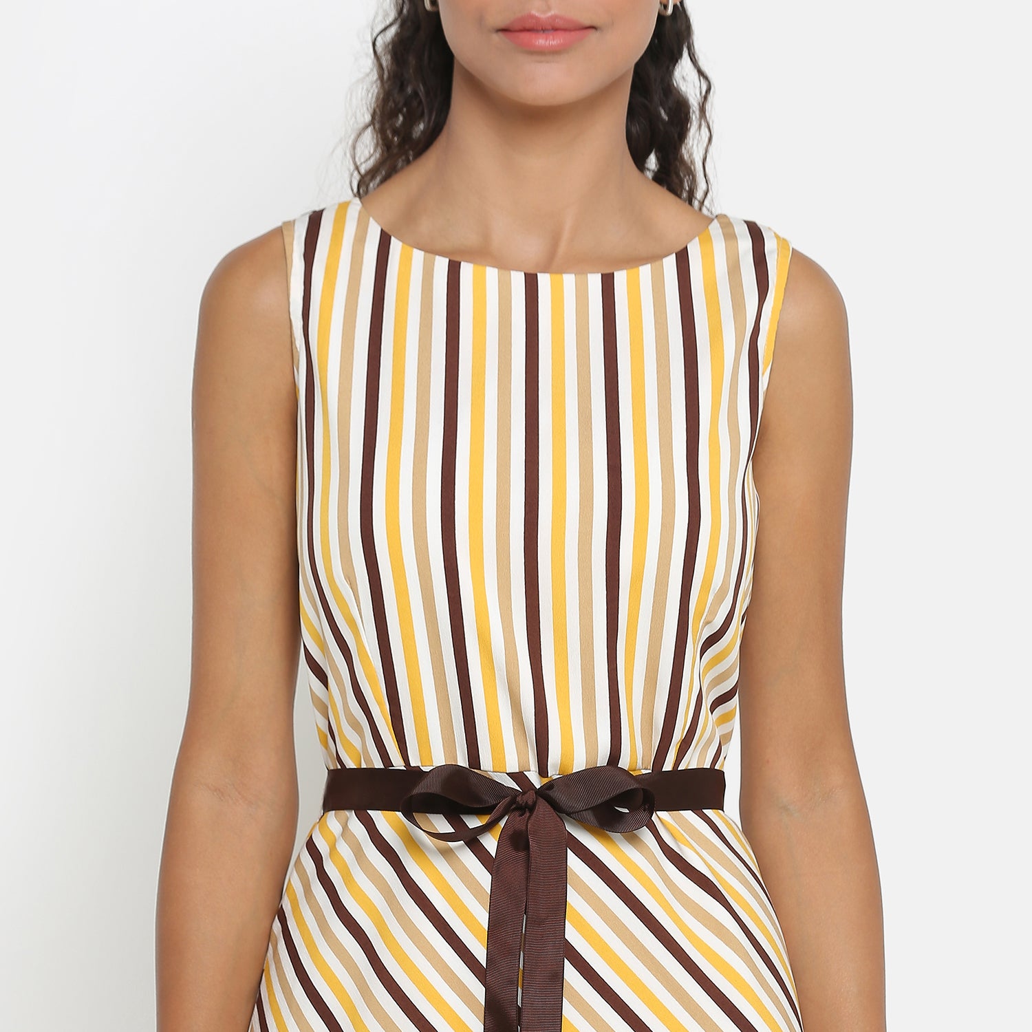 Yellow Stripe Sleeveless Dress With Brown Belt
