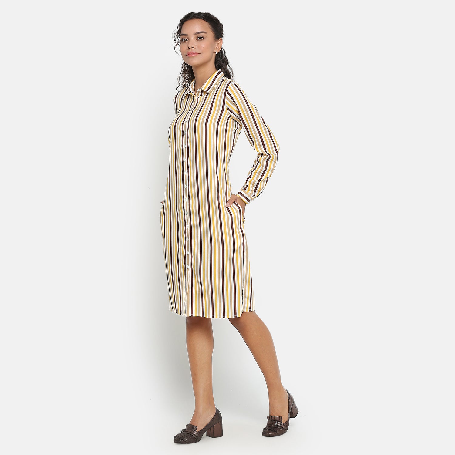 Yellow & Brown Stripe Tunic for Women-2