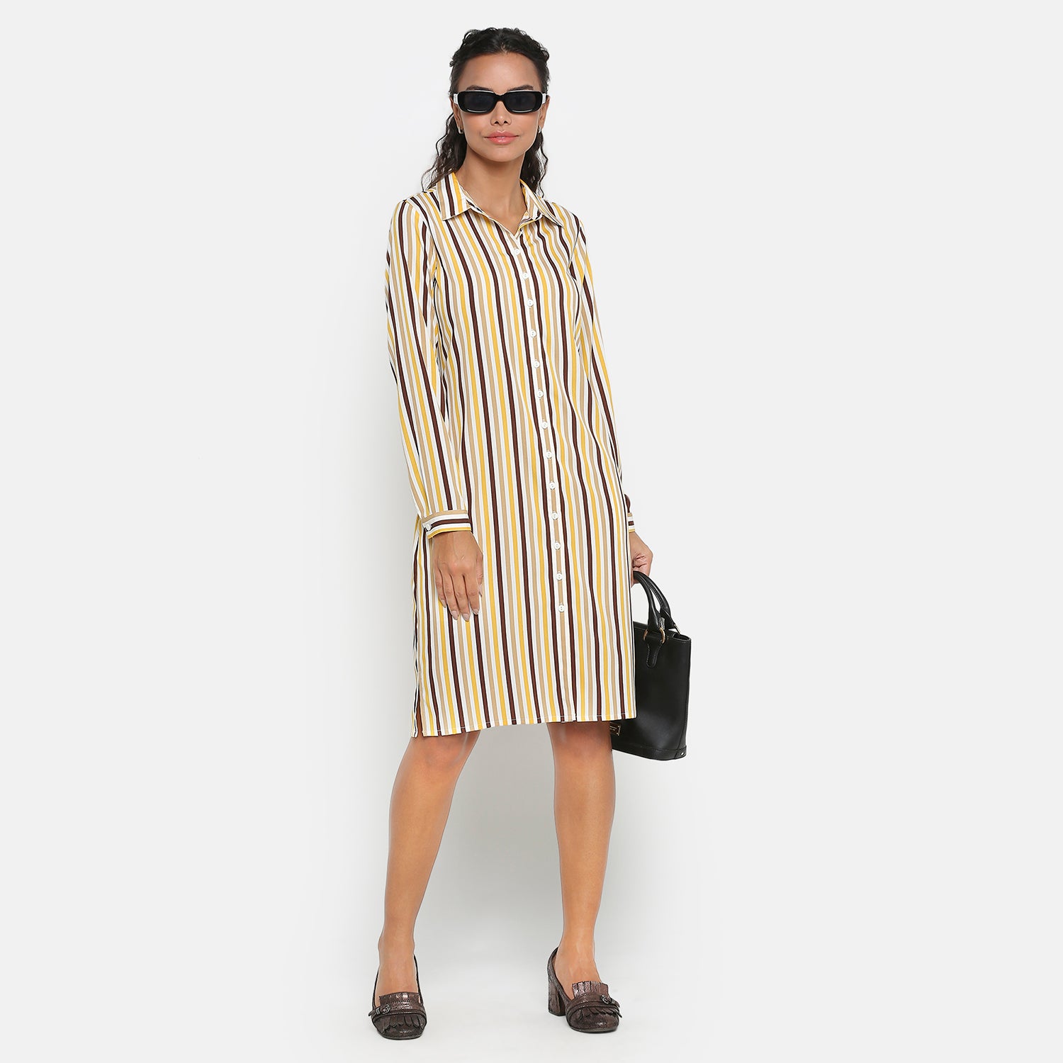 Yellow & Brown Stripe Tunic for Women-5