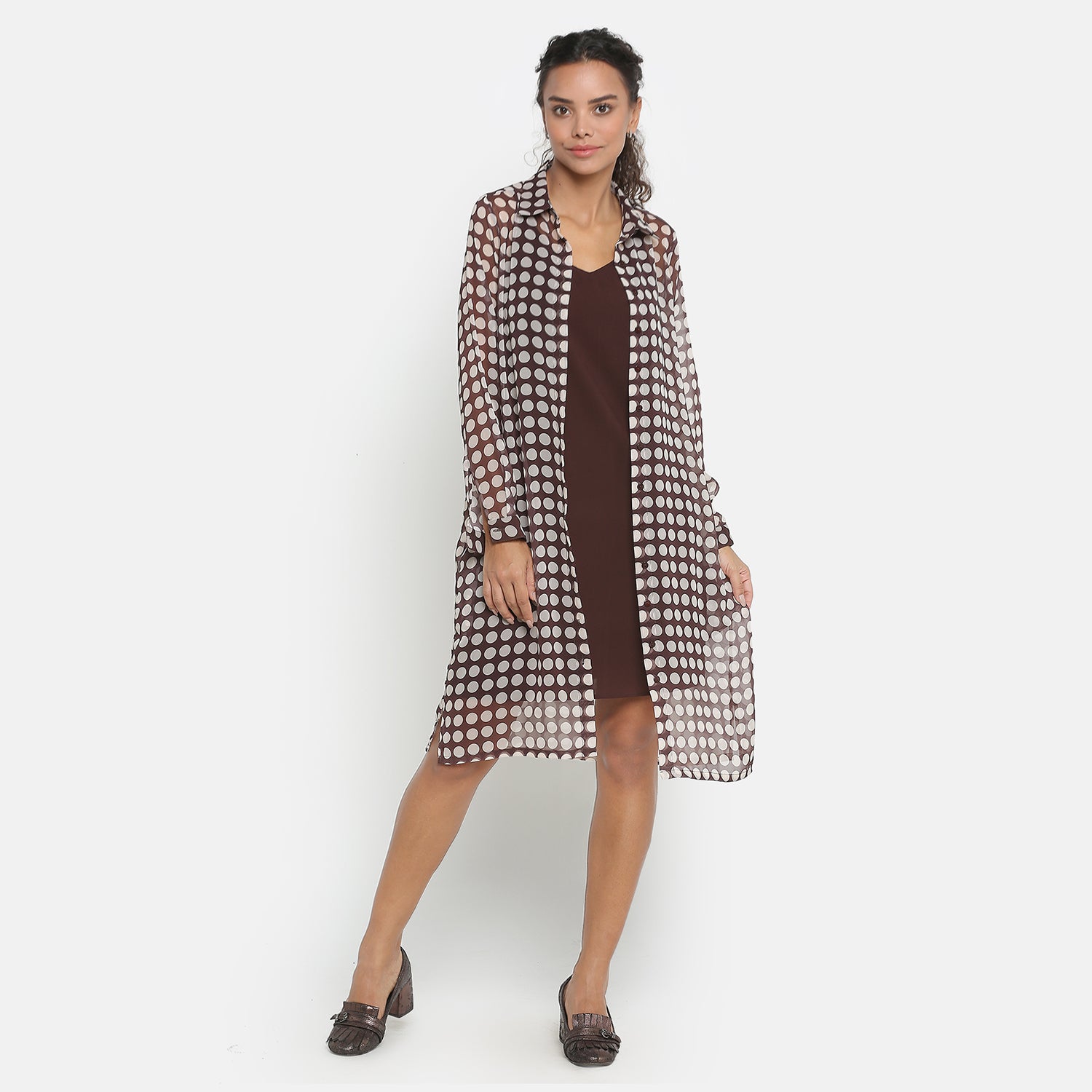 Brown Georgette Polka Dot Long Tunic for Women