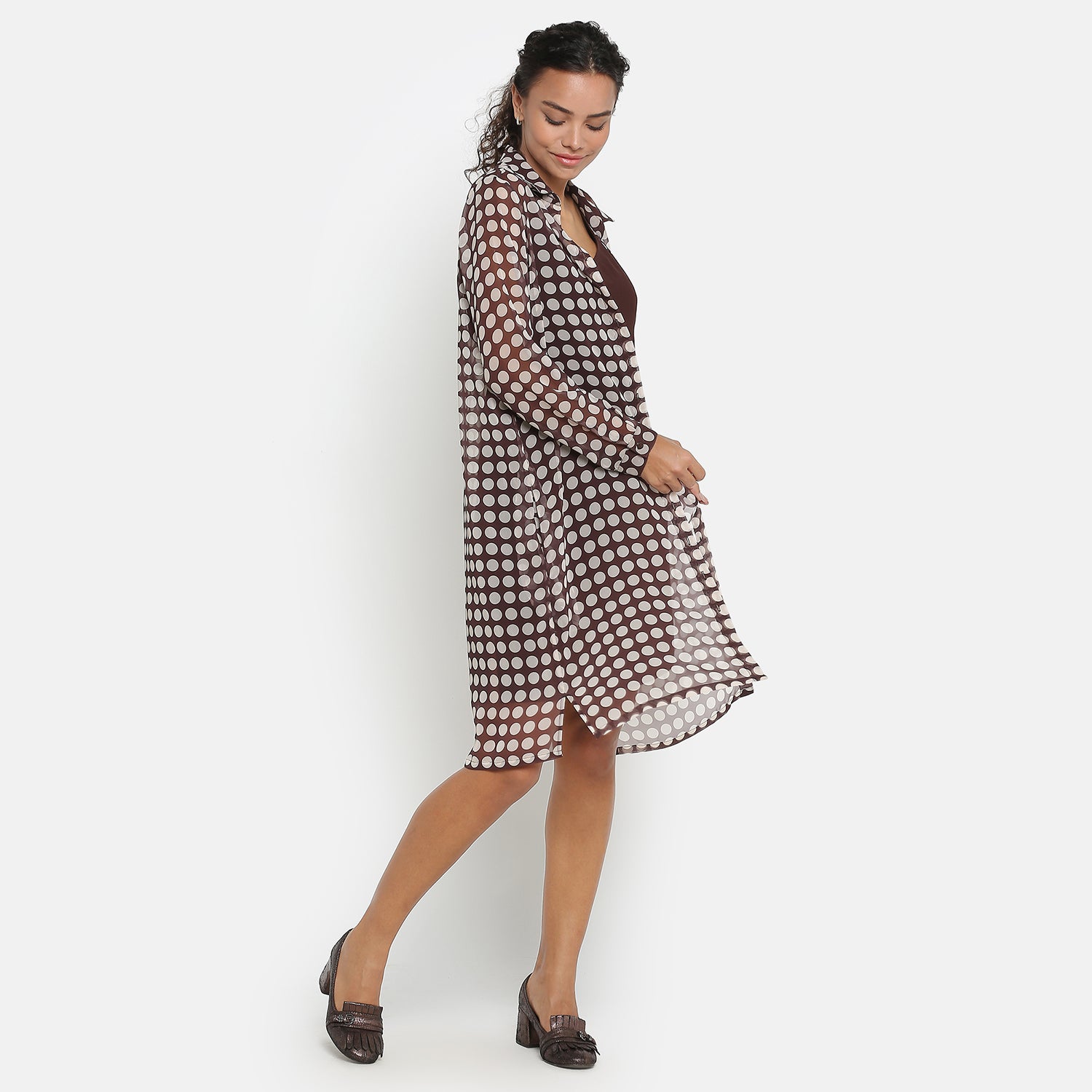 Brown Georgette Polka Dot Long Tunic for Women-3