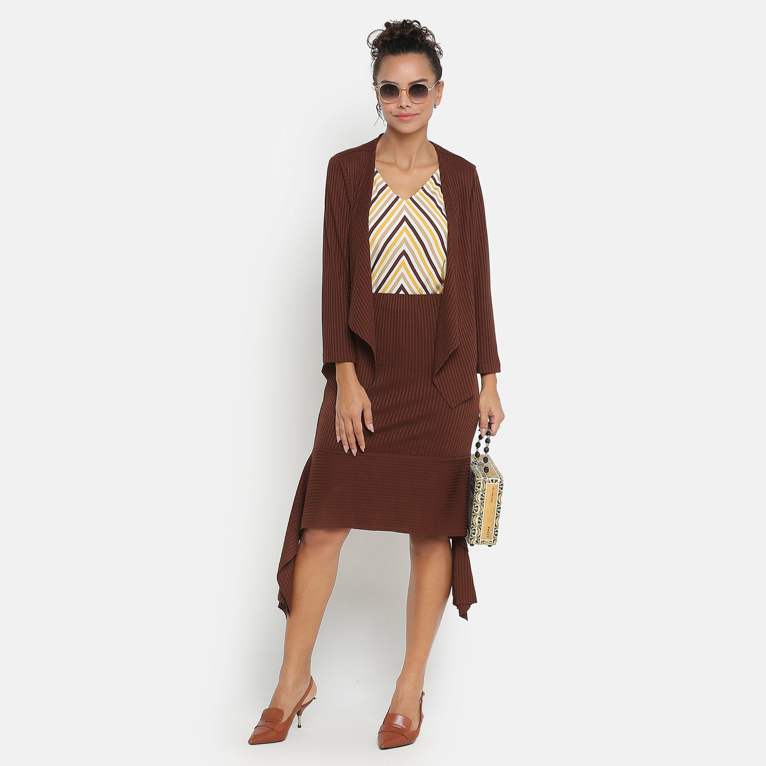 Brown Ribbed Short Shrug for Women-2