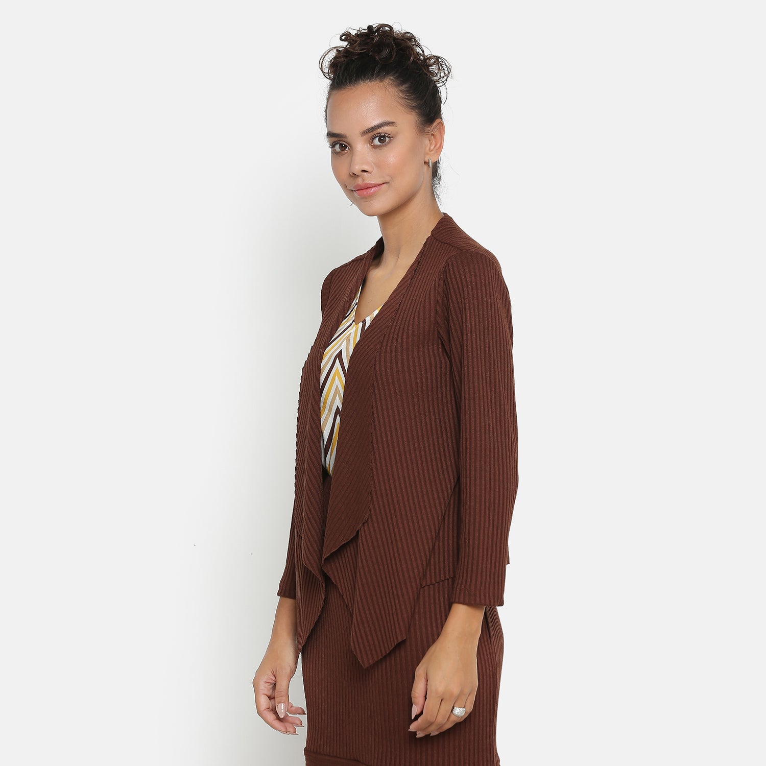 Brown Ribbed Short Shrug for Women-3