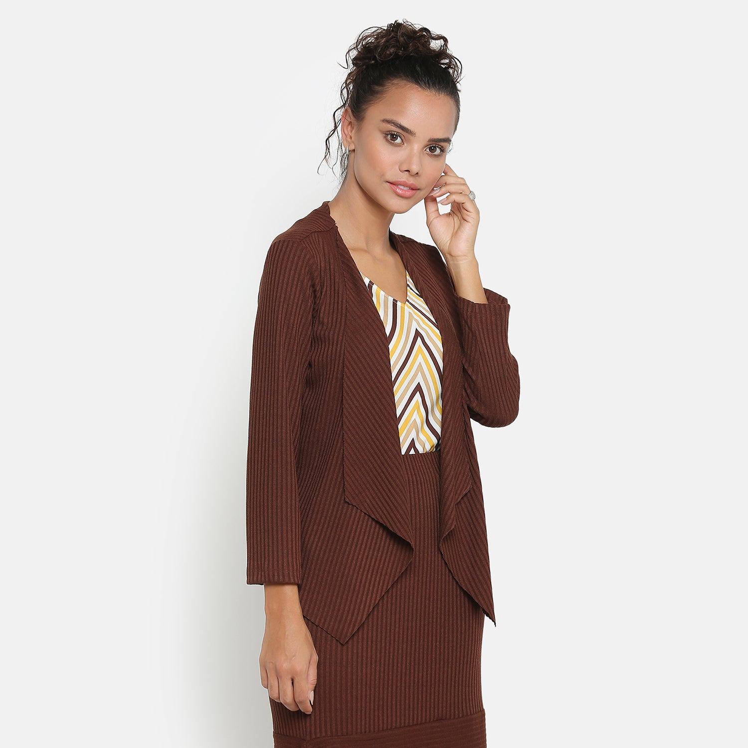 Brown Ribbed Short Shrug for Women-4