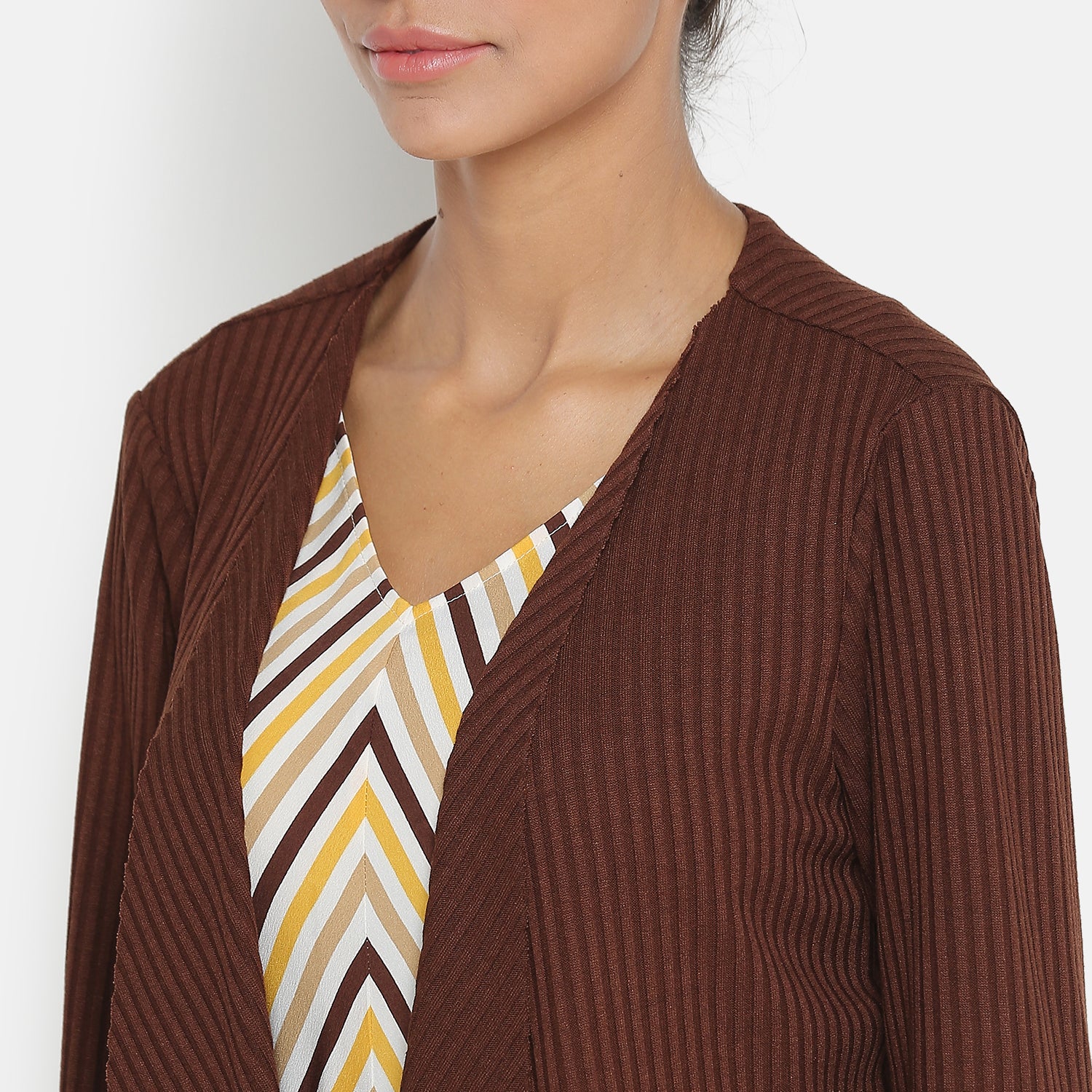 Brown Ribbed Short Shrug for Women-1