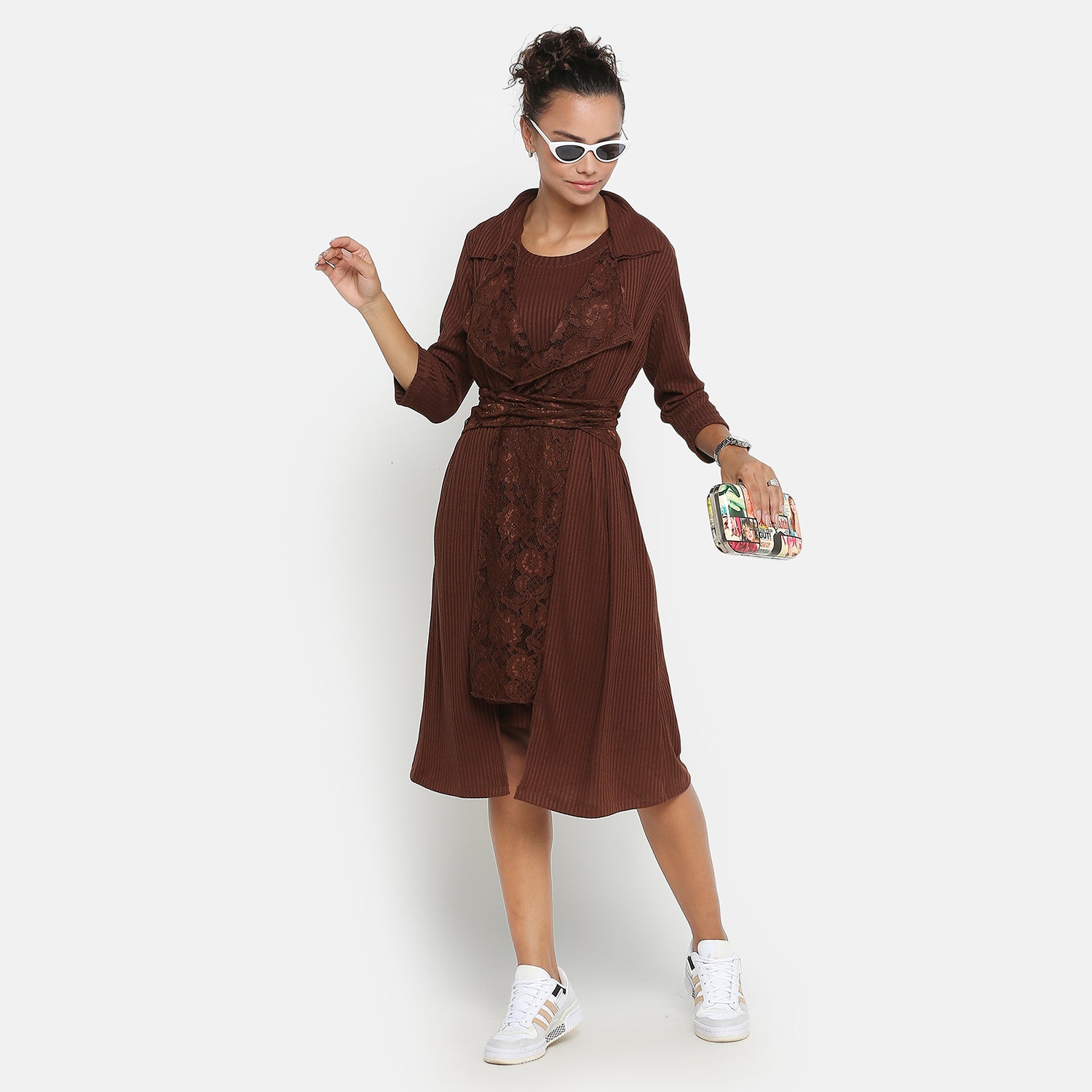 Brown Ribbed Long Shrug for Women