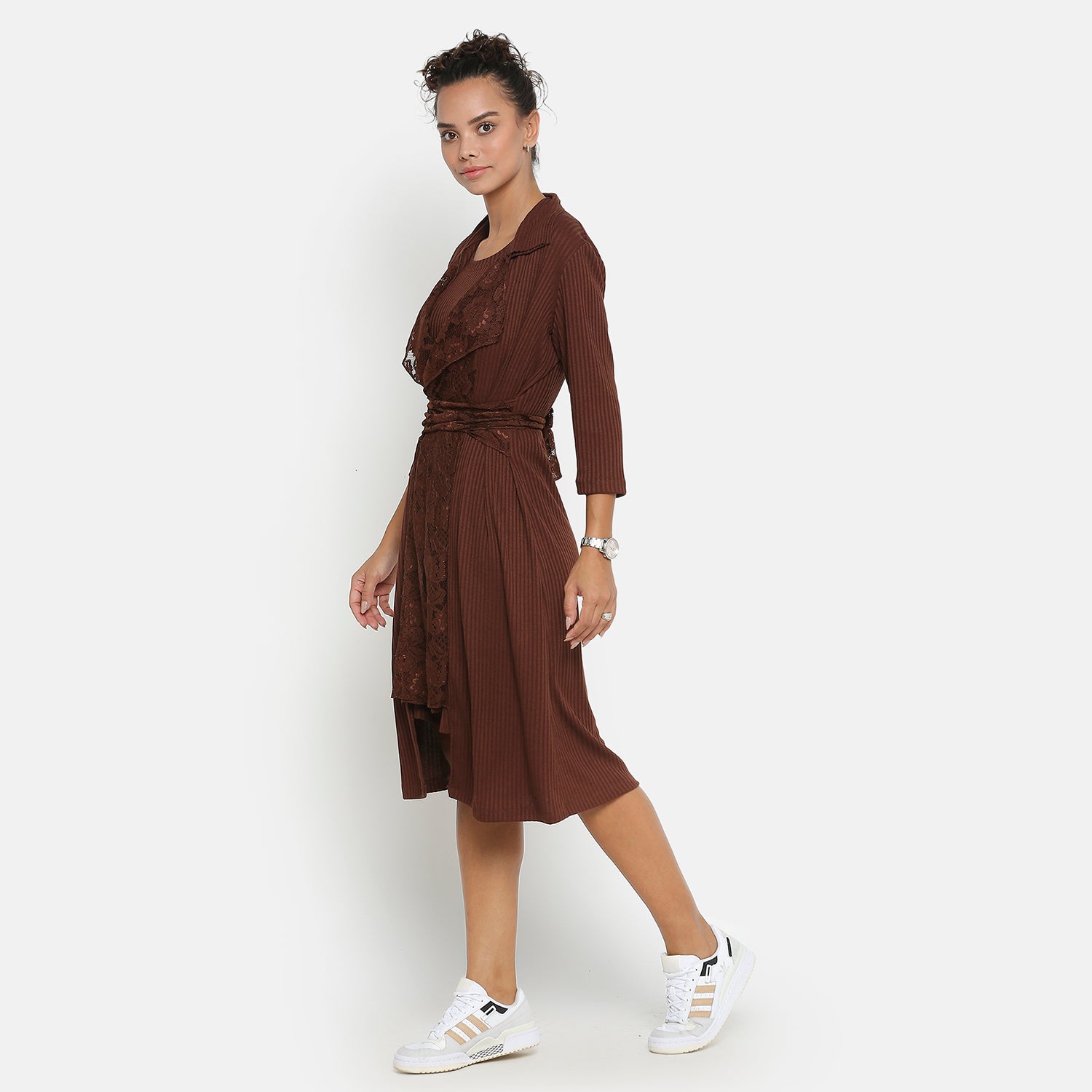 Brown Ribbed Long Shrug for Women-3