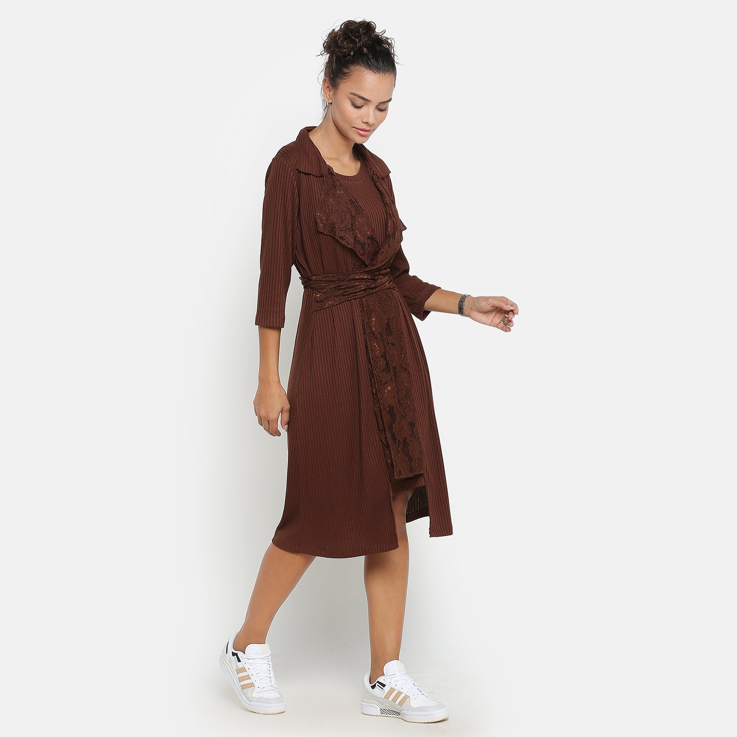Brown Ribbed Long Shrug for Women-4