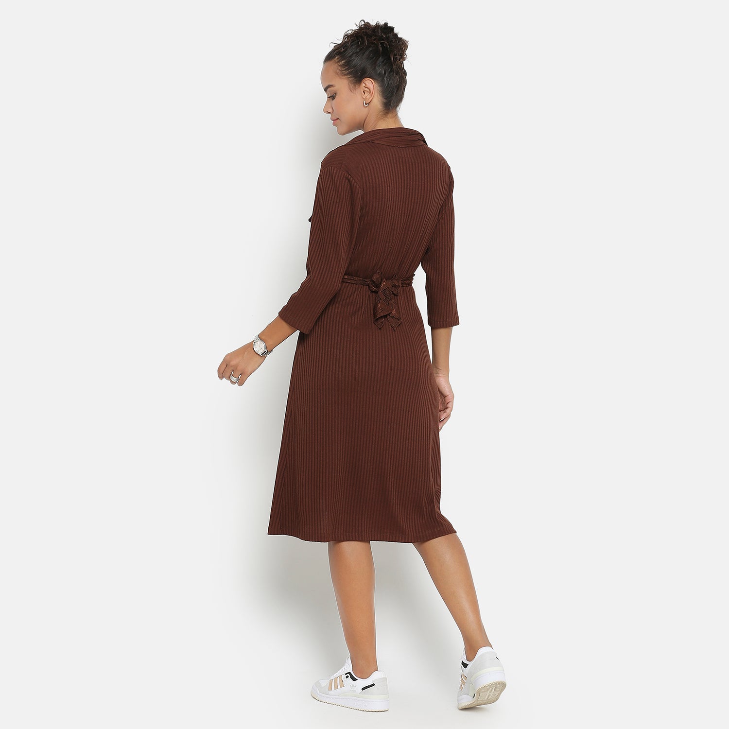 Brown Ribbed Long Shrug for Women-2