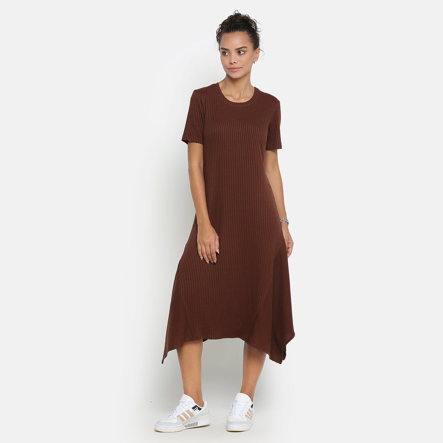 Brown Ribbed Asymmetrical Dresses for Women-3