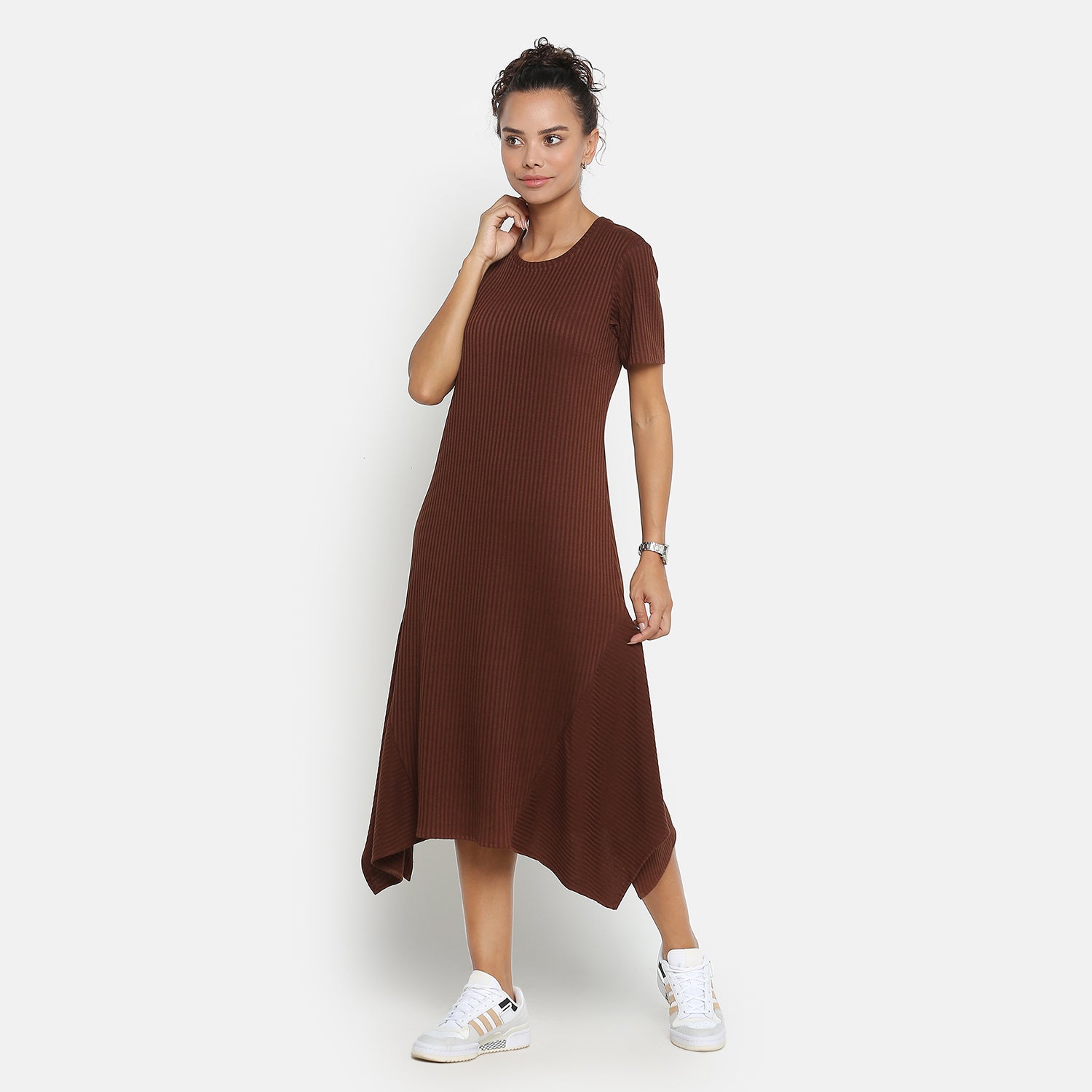 Brown Ribbed Asymmetrical Dresses for Women-5