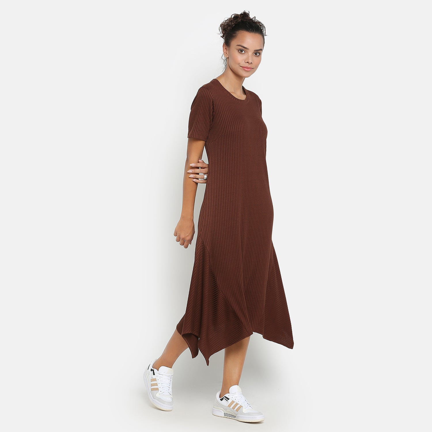 Brown Ribbed Asymmetrical Dresses for Women-6