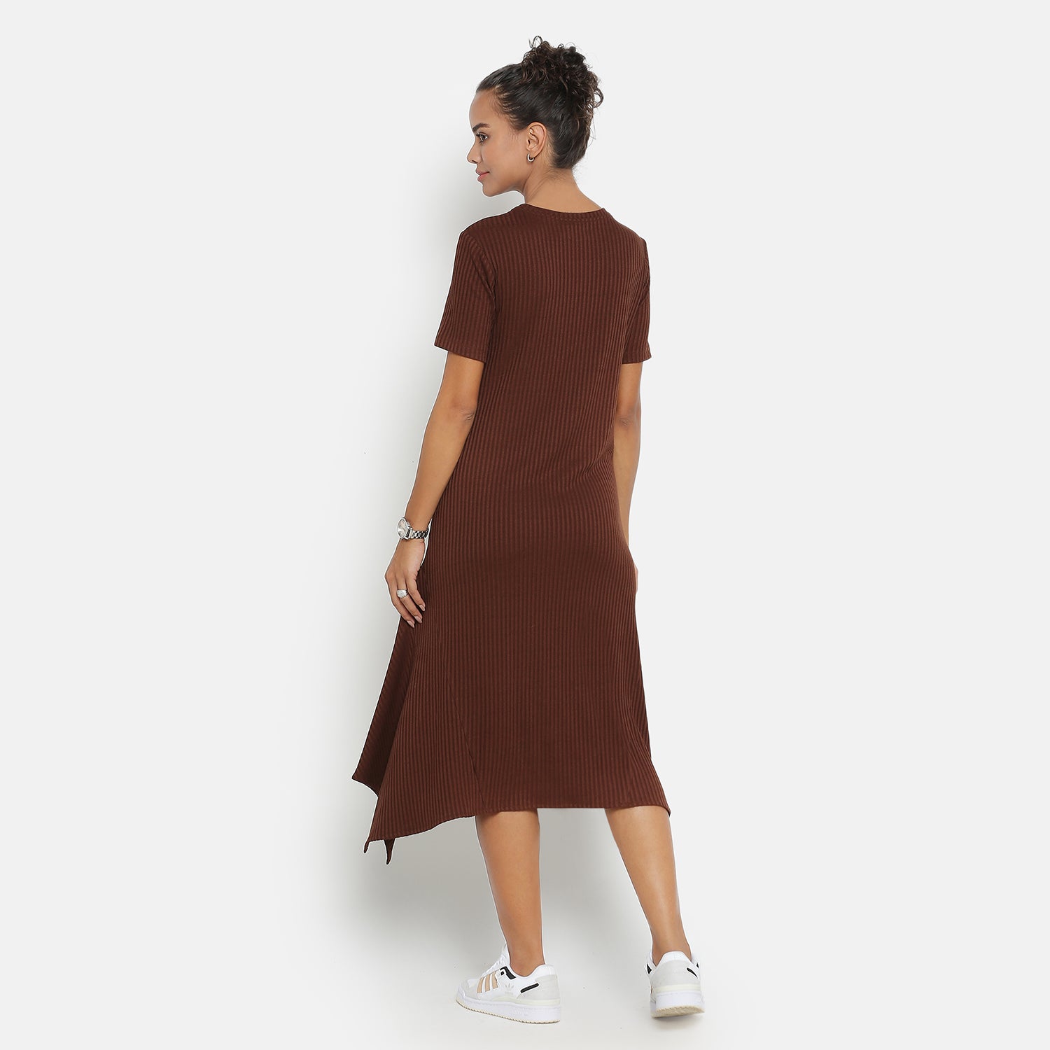 Brown Ribbed Asymmetrical Dresses for Women-4