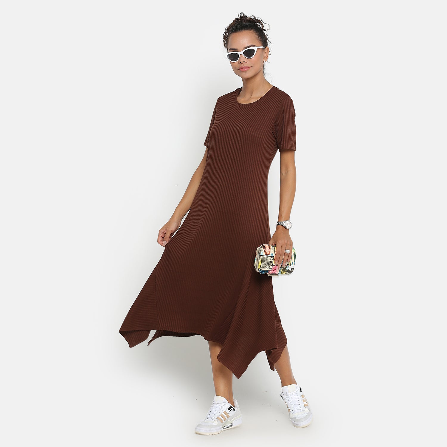 Brown Ribbed Asymmetrical Dresses for Women-2