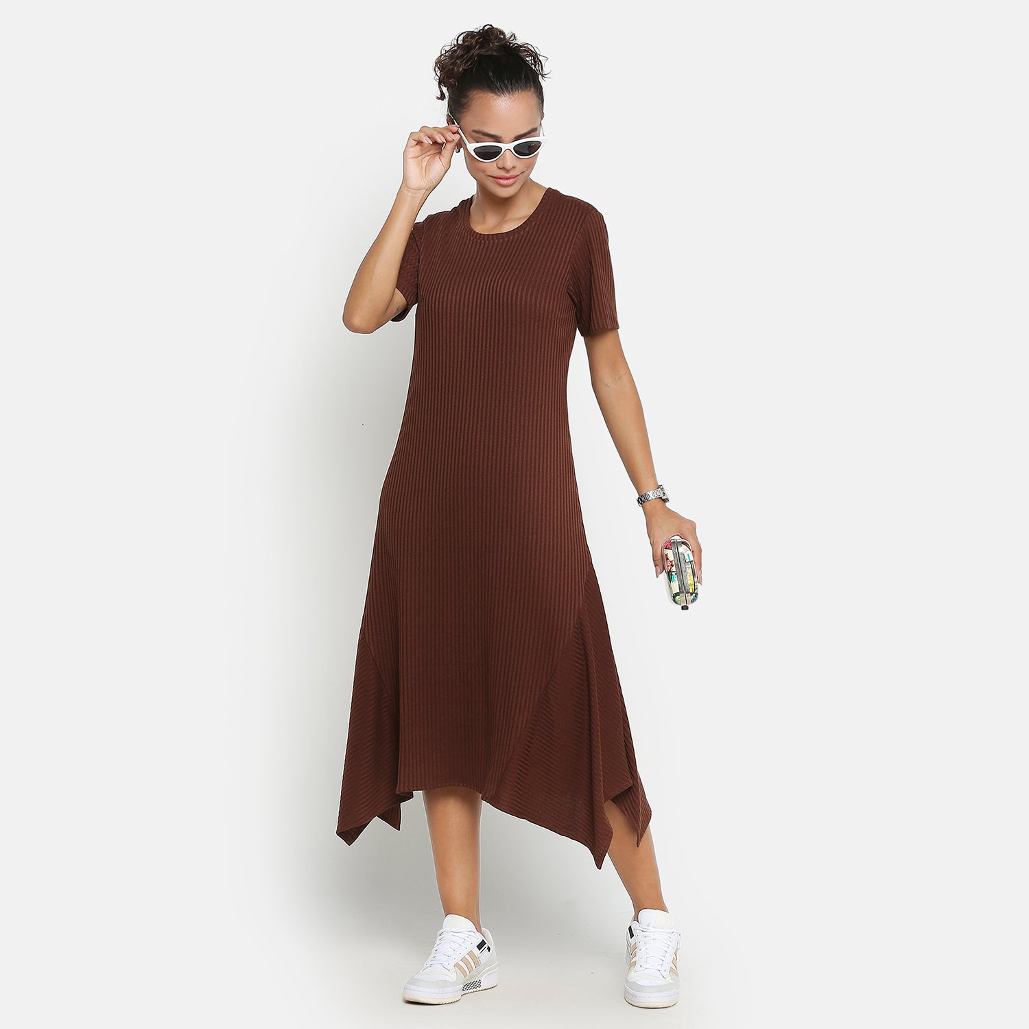 Brown Ribbed Asymmetrical Dresses for Women