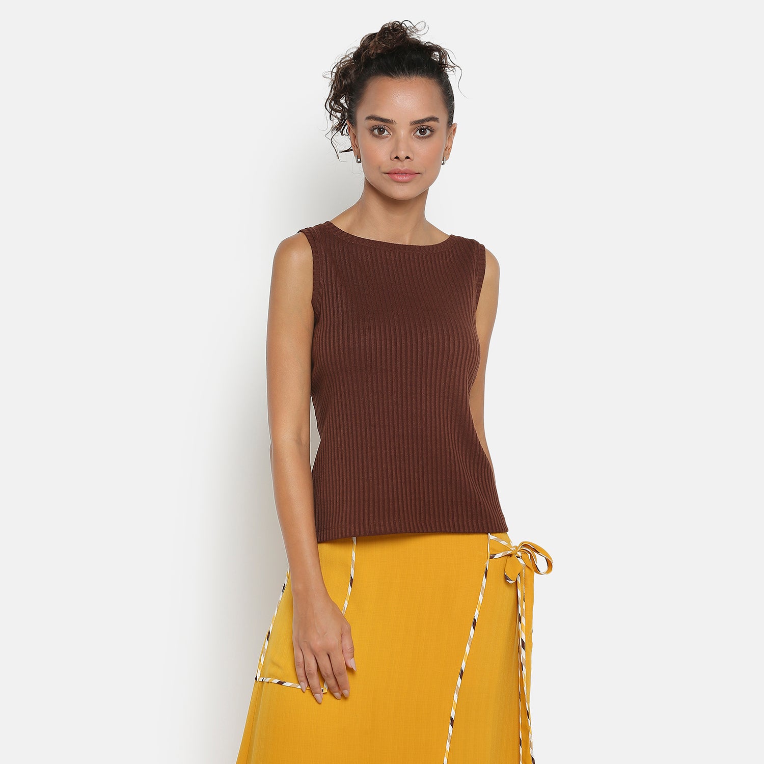 Brown Ribbed Sleeveless Top