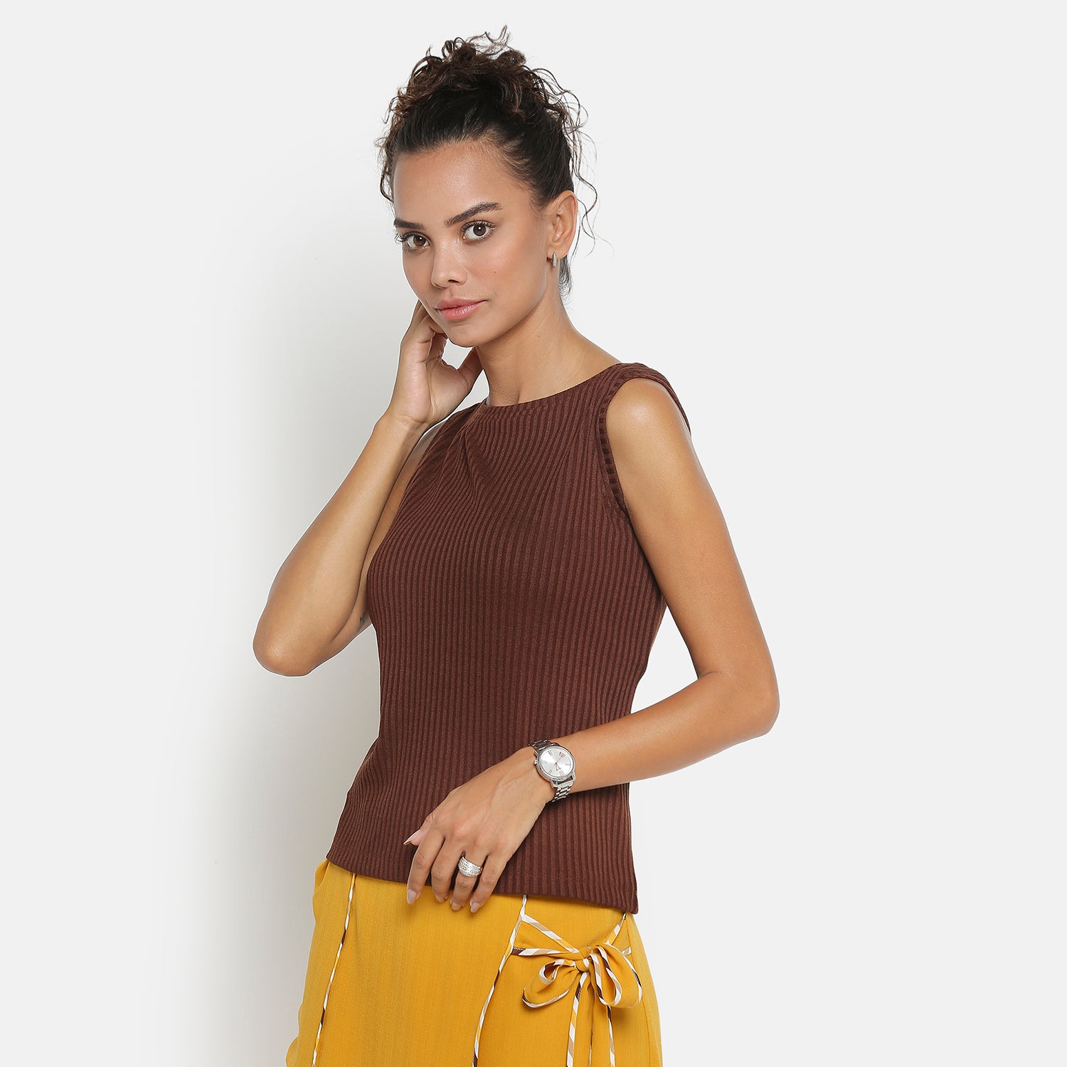 Brown Ribbed Sleeveless Top