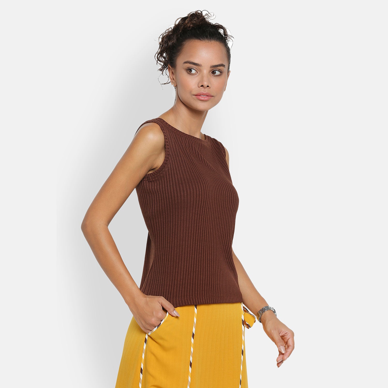 Brown Ribbed Sleeveless Top