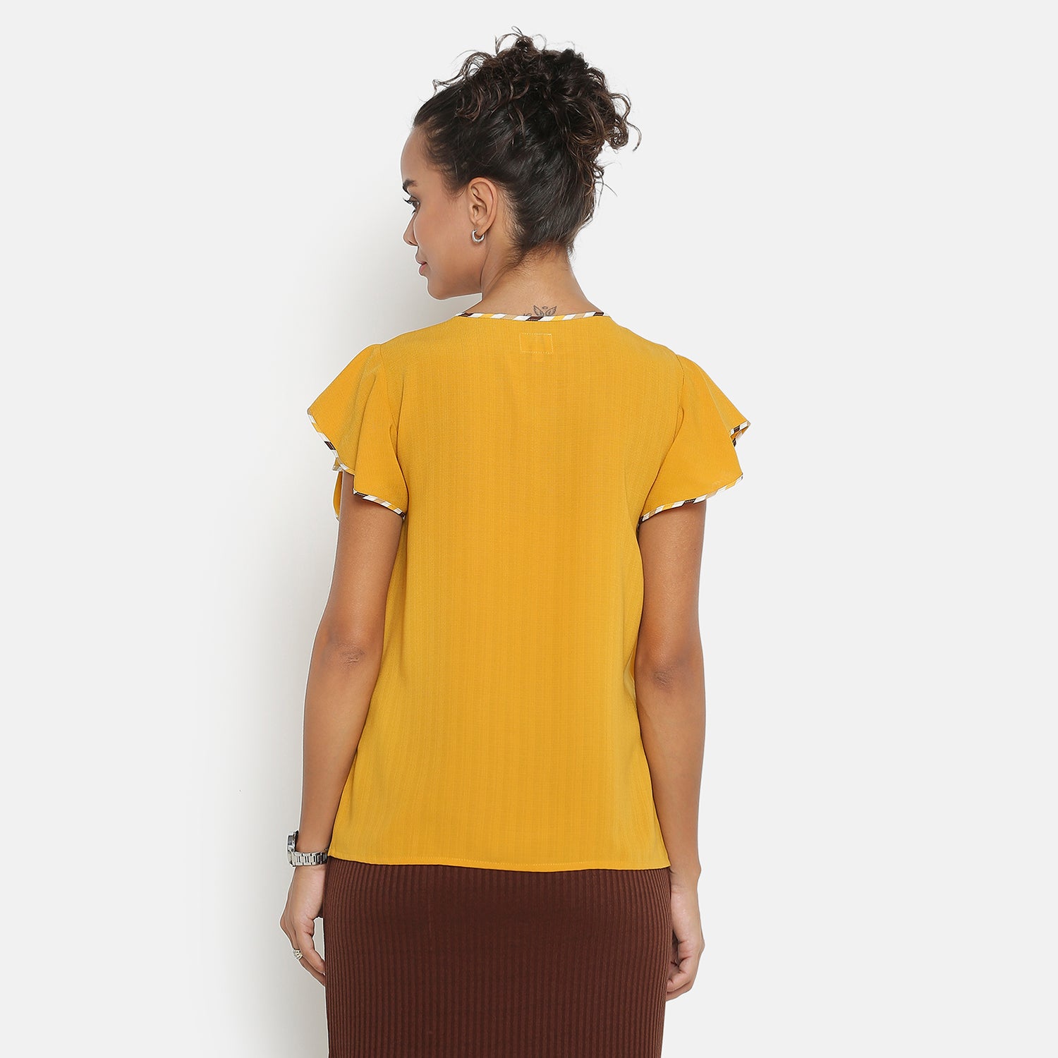 Yellow Top With Frill on Side Seam With Contrast Piping