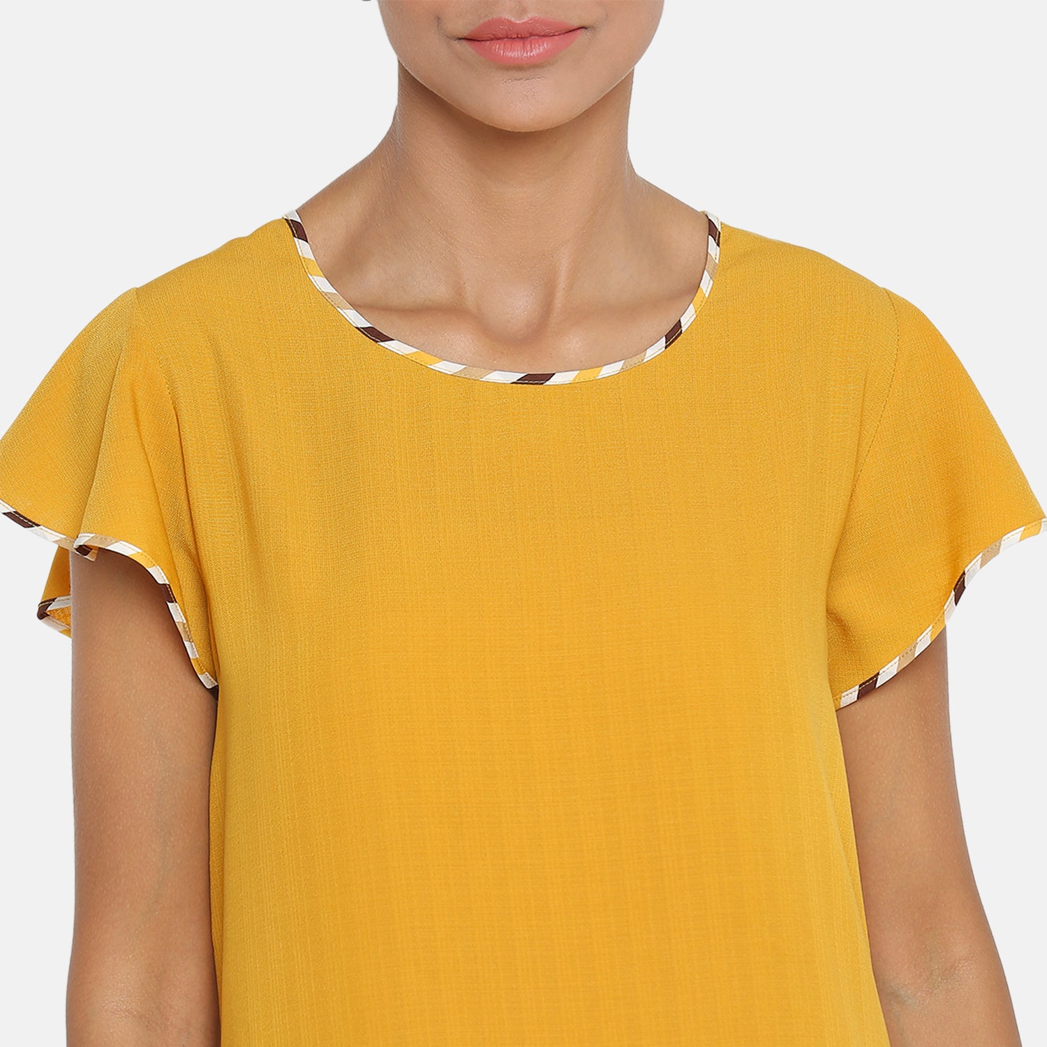 Yellow Top With Frill on Side Seam With Contrast Piping
